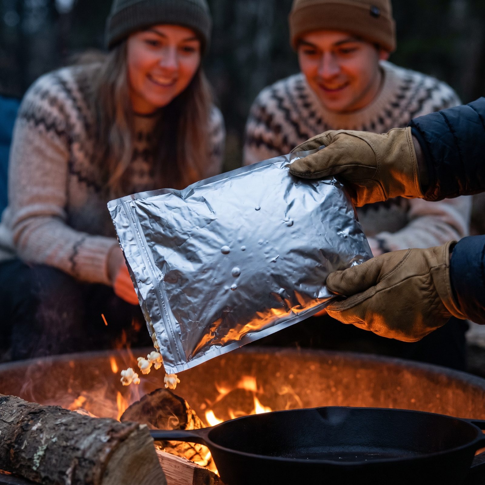 Making Popcorn in a Foil Pan Over the Fire