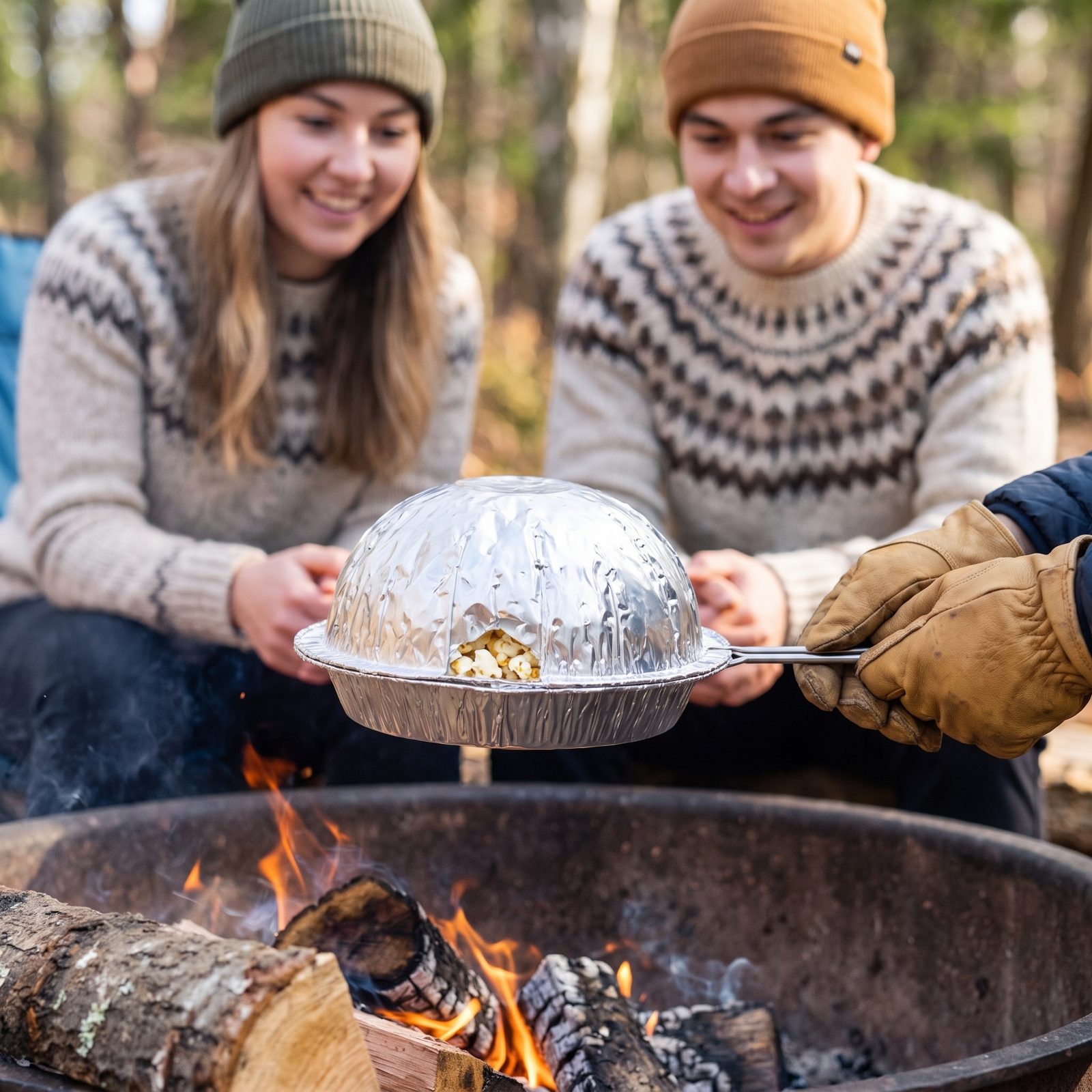 Making Popcorn in a Foil Pan Over the Fire