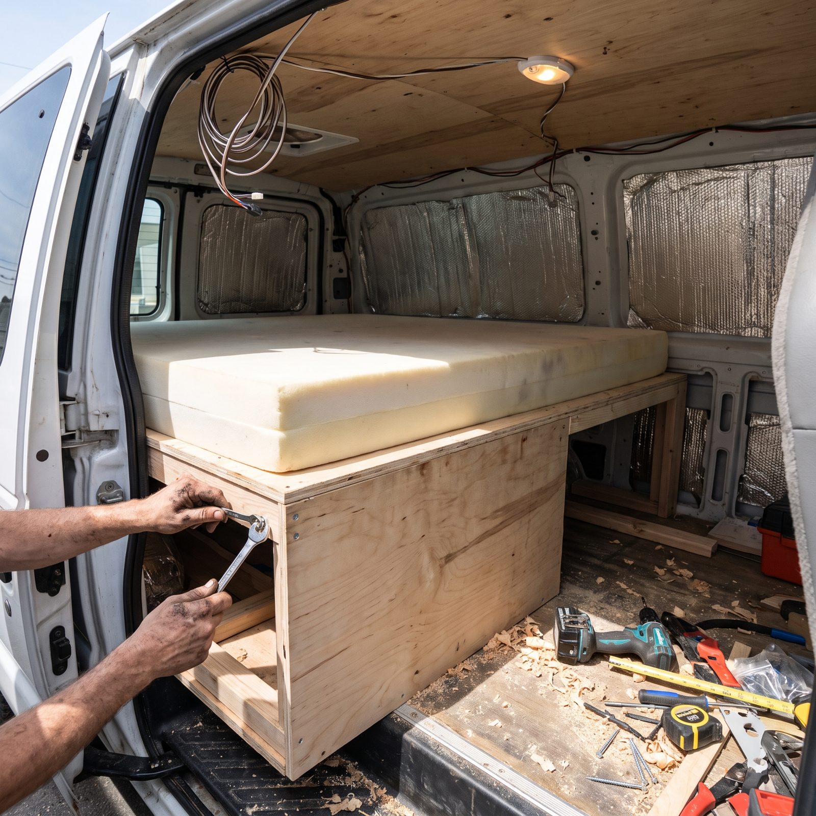 Homemade cargo van camper interior with a plywood bed platform, a 12-volt wiring panel, and a cordless drill on the counter.