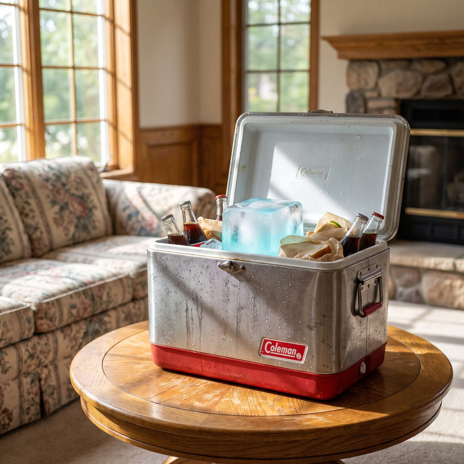 The Metal Coleman Cooler Packed With Block Ice