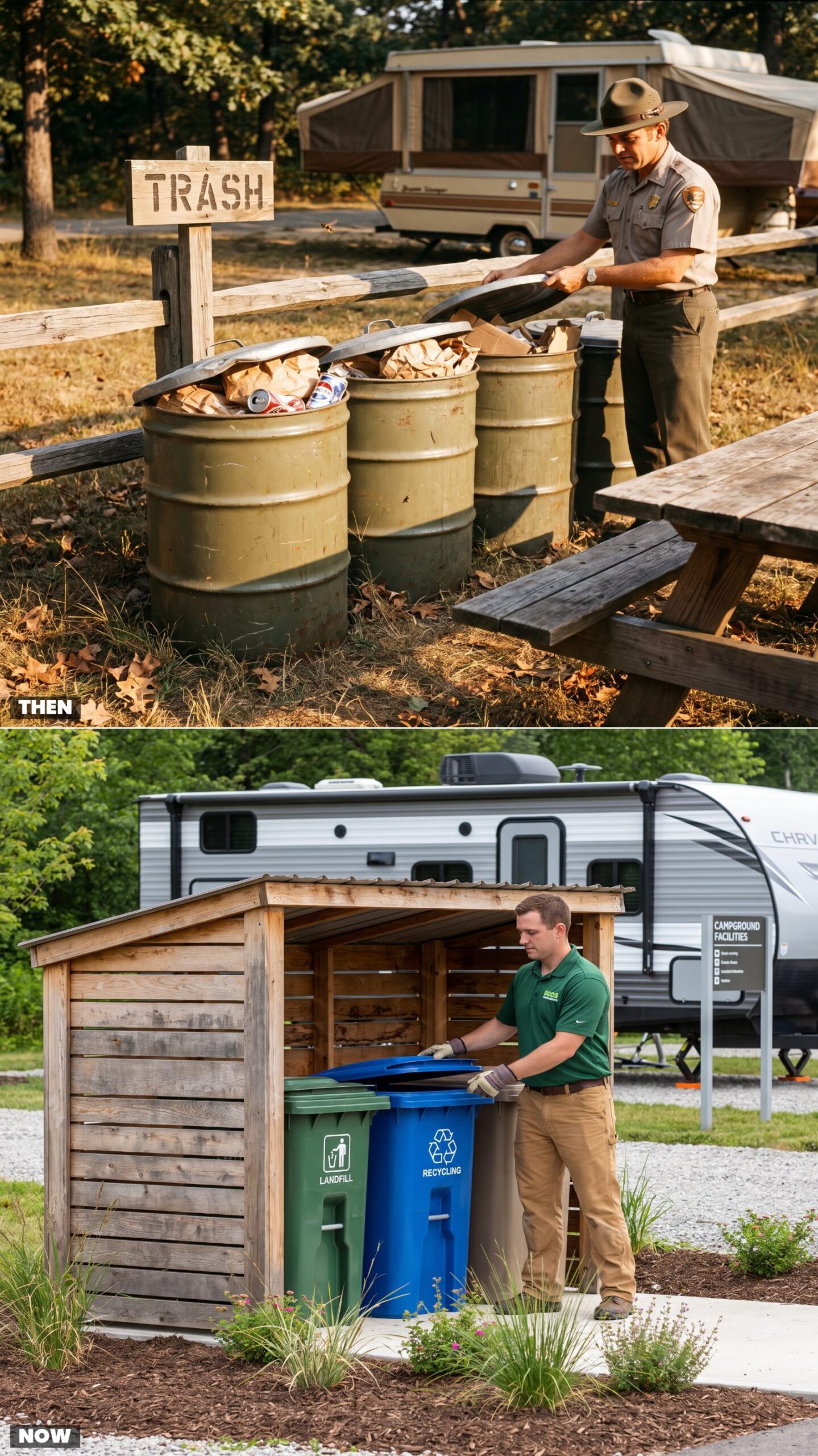 The Metal Trash Barrels vs. Today's Enclosed Recycling and Waste Station