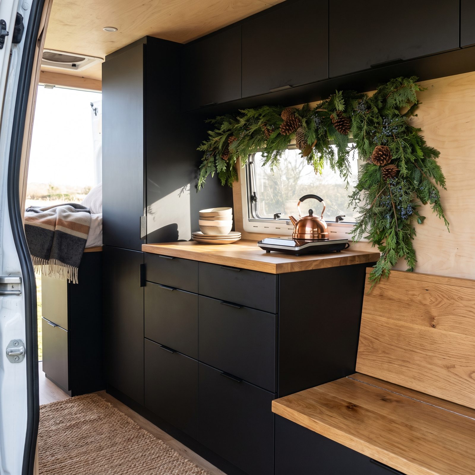 A Modern Black-and-Wood Van With One Dramatic Evergreen Swag