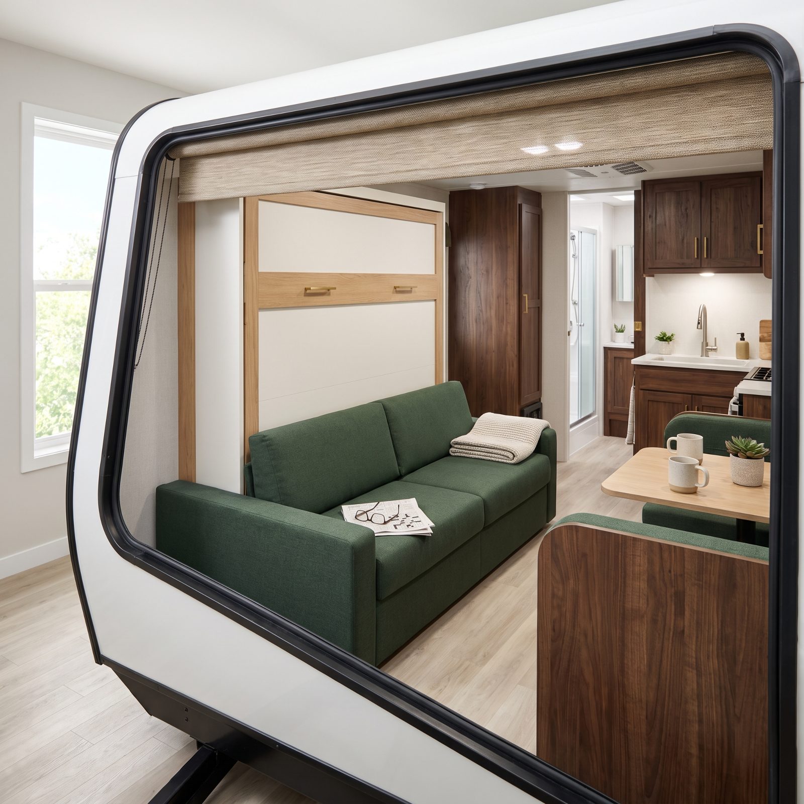 Murphy-Bed Trailer With a Full Sofa for Daytime Living