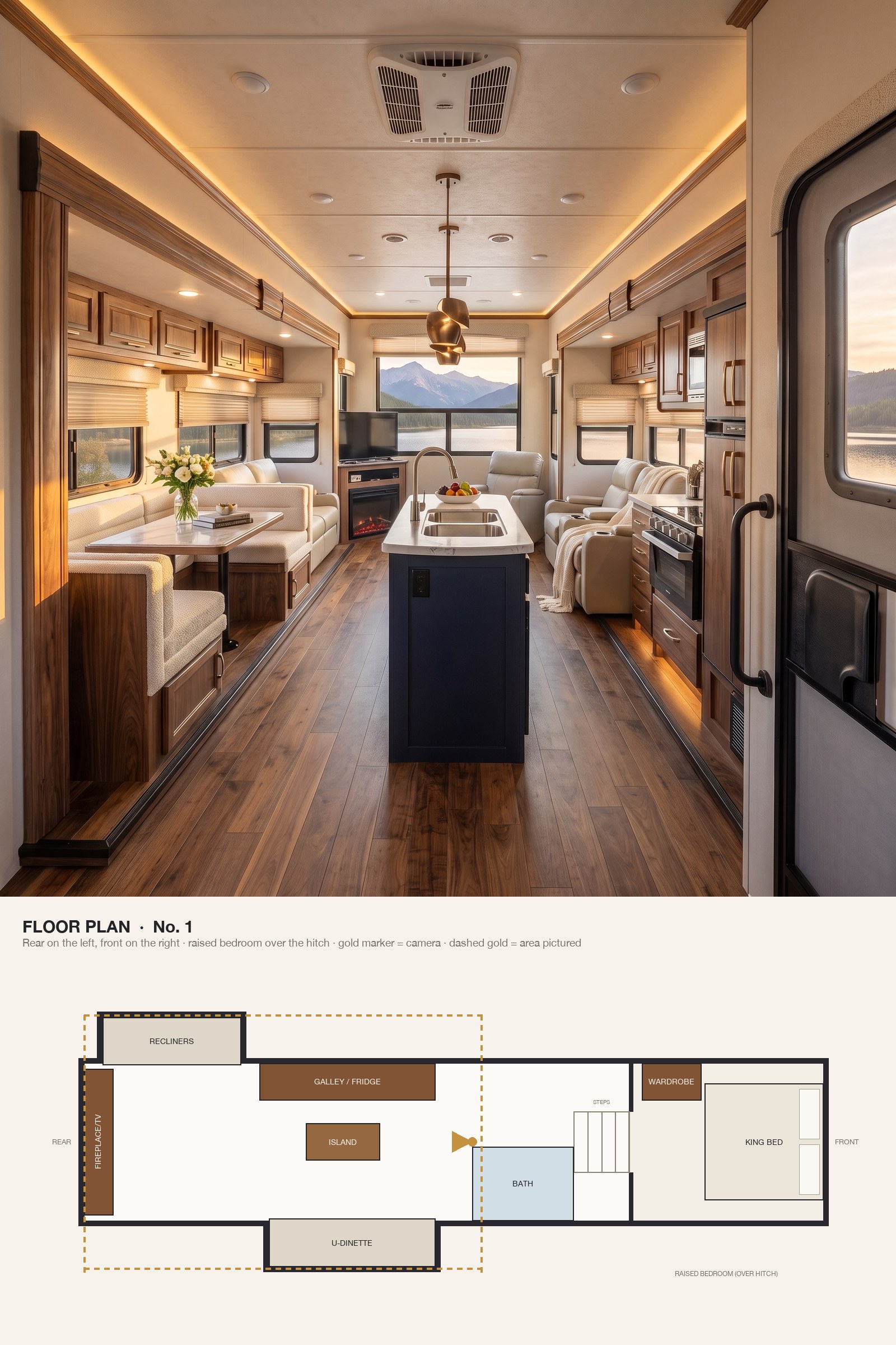 Navy-and-Walnut Fifth Wheel Interiors and Floor Plans