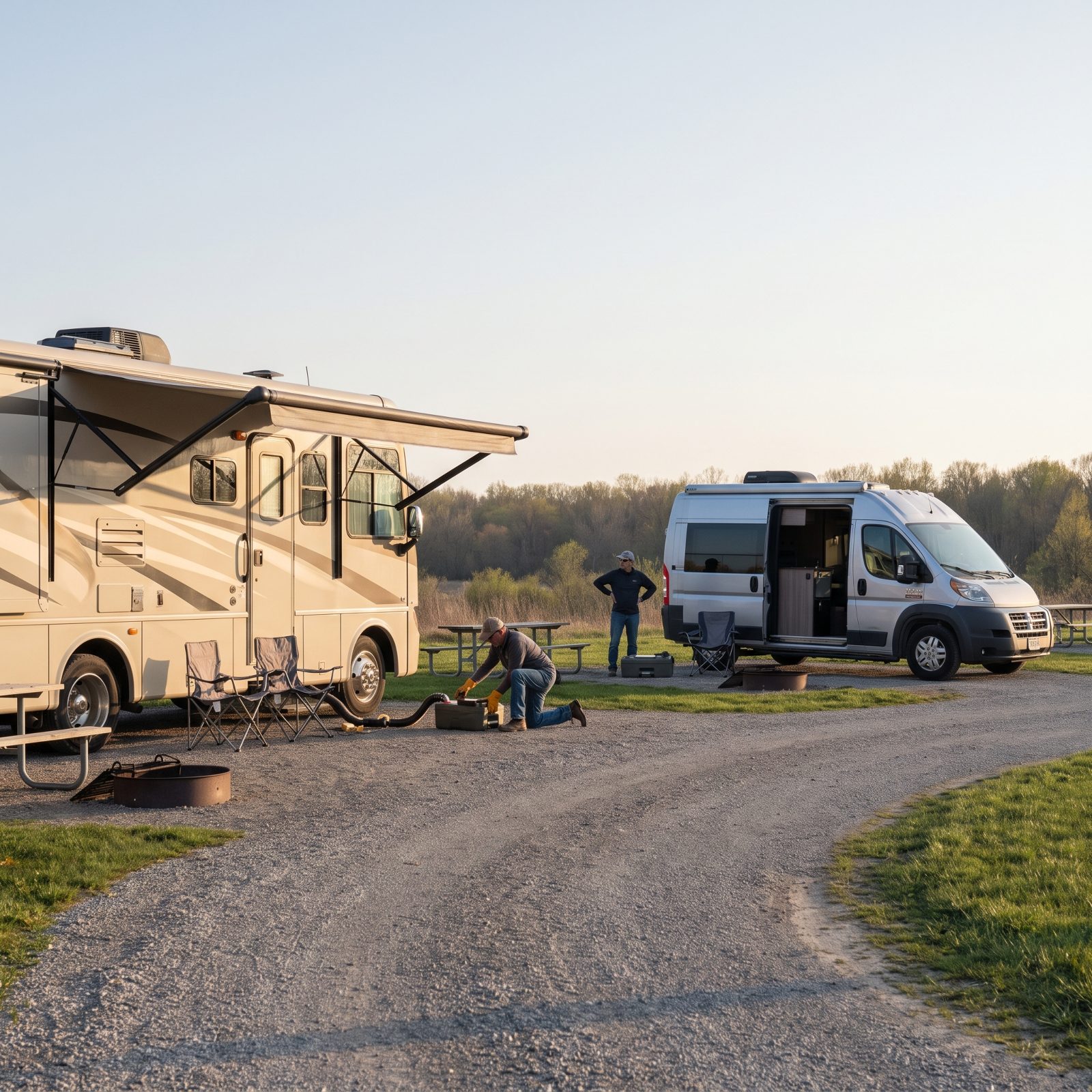 Campground loop at golden hour with a large Class A motorhome at one site and a compact camper van at the next.