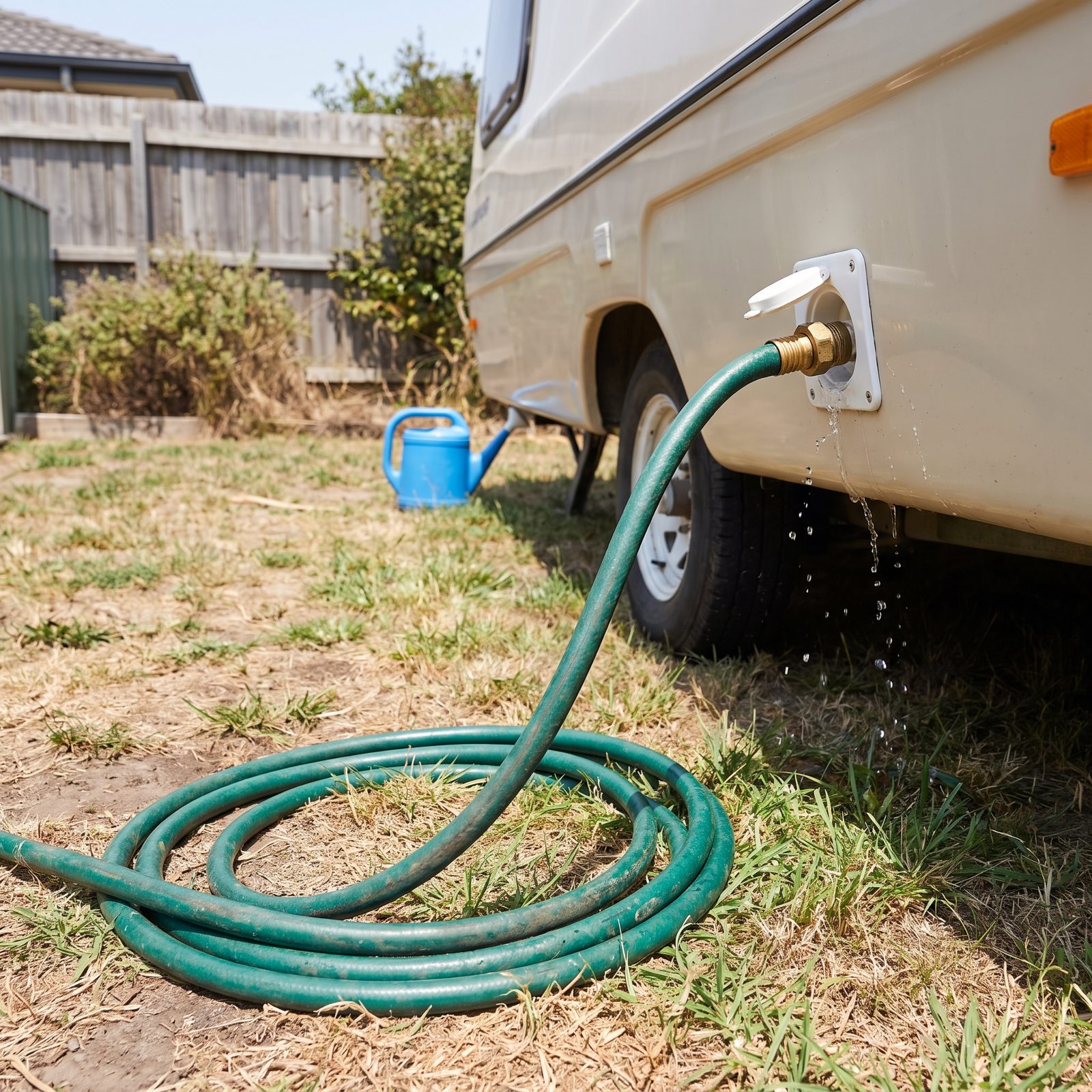 An Ordinary Green Garden Hose Used to Fill the Water Tank