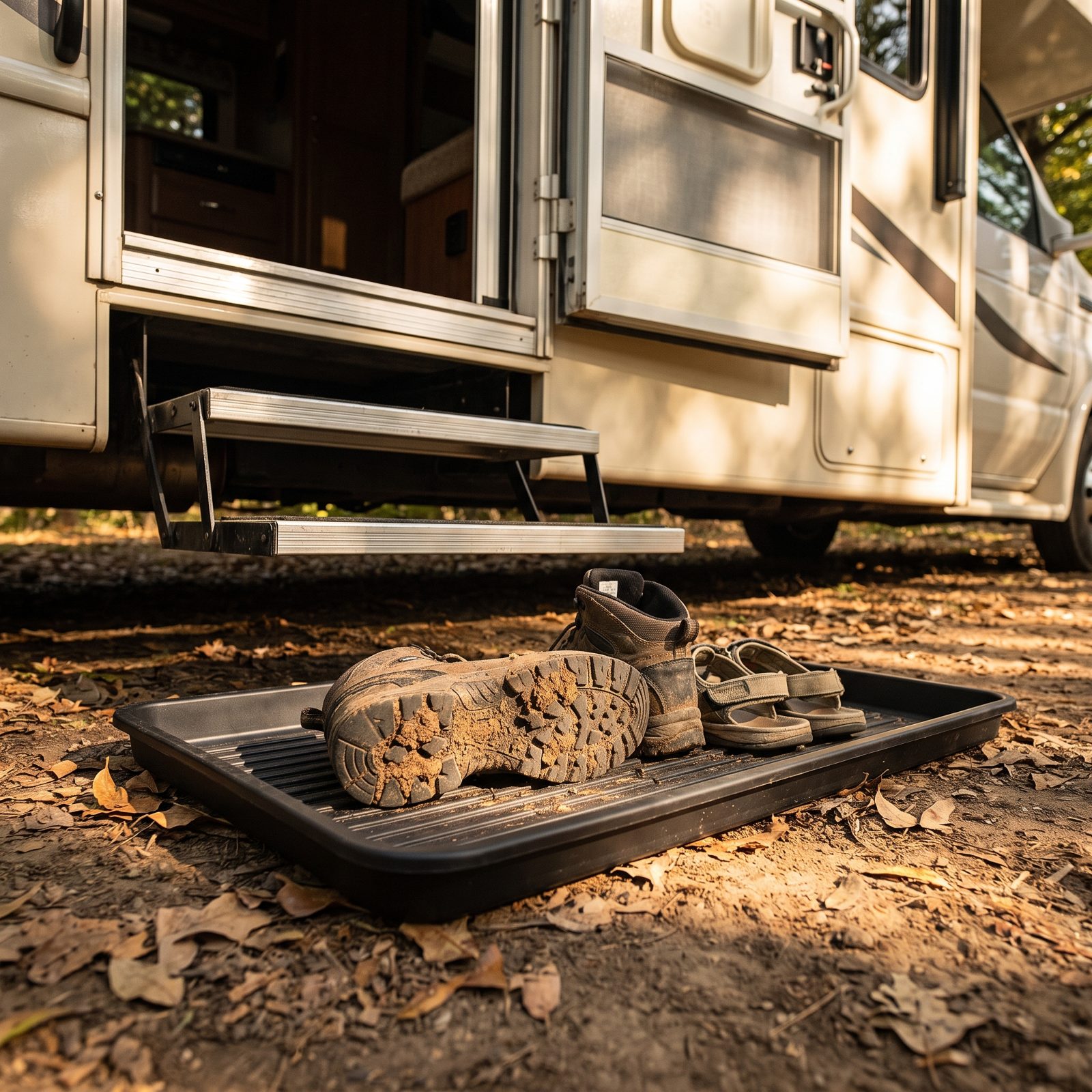 Park Muddy Shoes in a Boot Tray Beneath the RV Steps