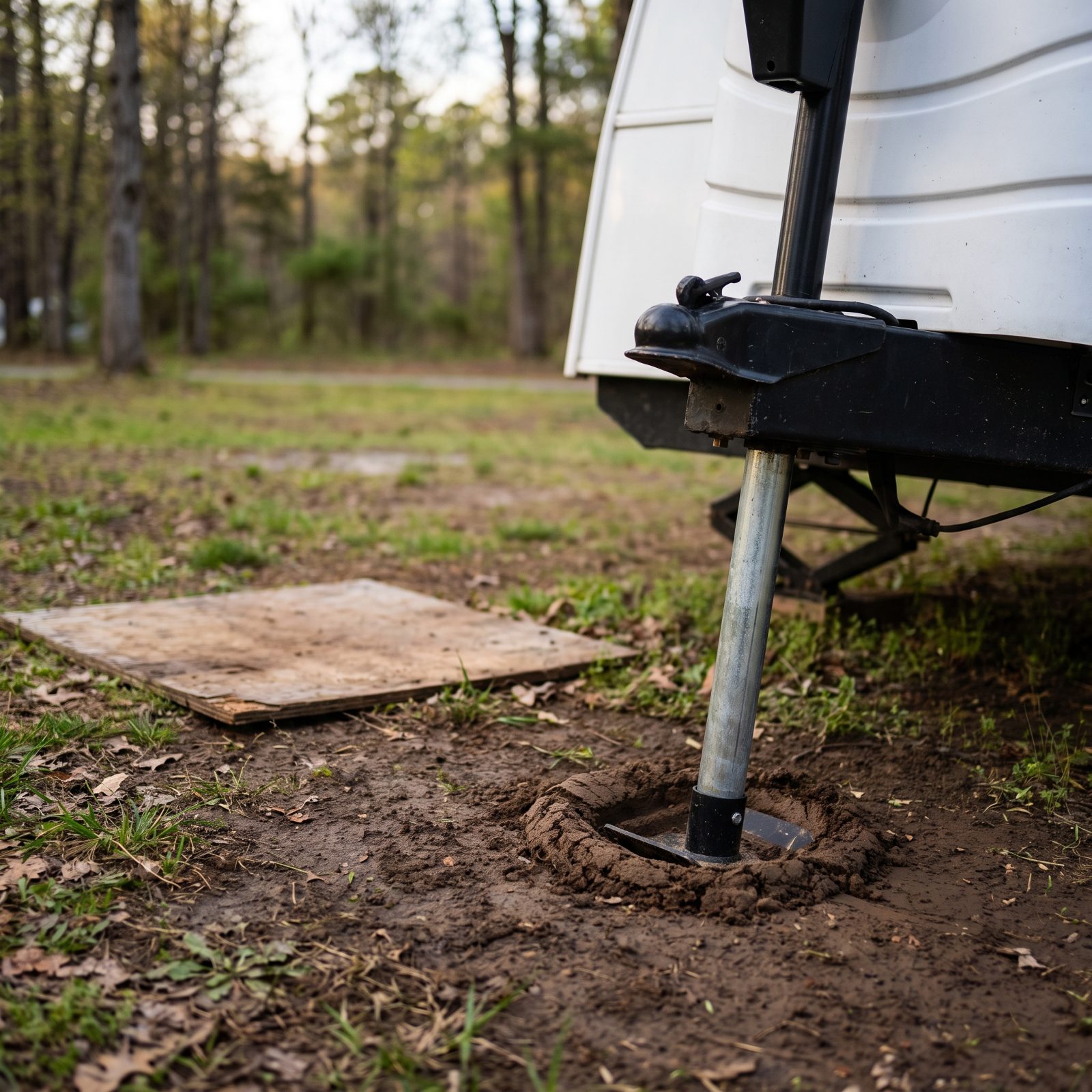 Placing a Tongue Jack on Soft Soil Without a Pad Causes It to Sink