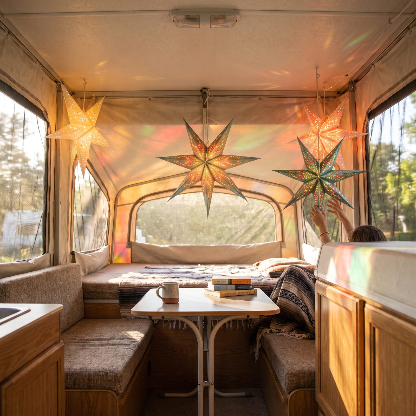 A Pop-Up Camper Glowing With Paper Star Lanterns