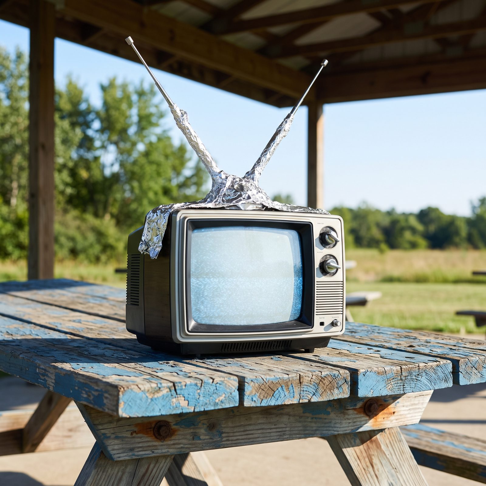 A Portable Black-and-White TV With Rabbit-Ear Antennas
