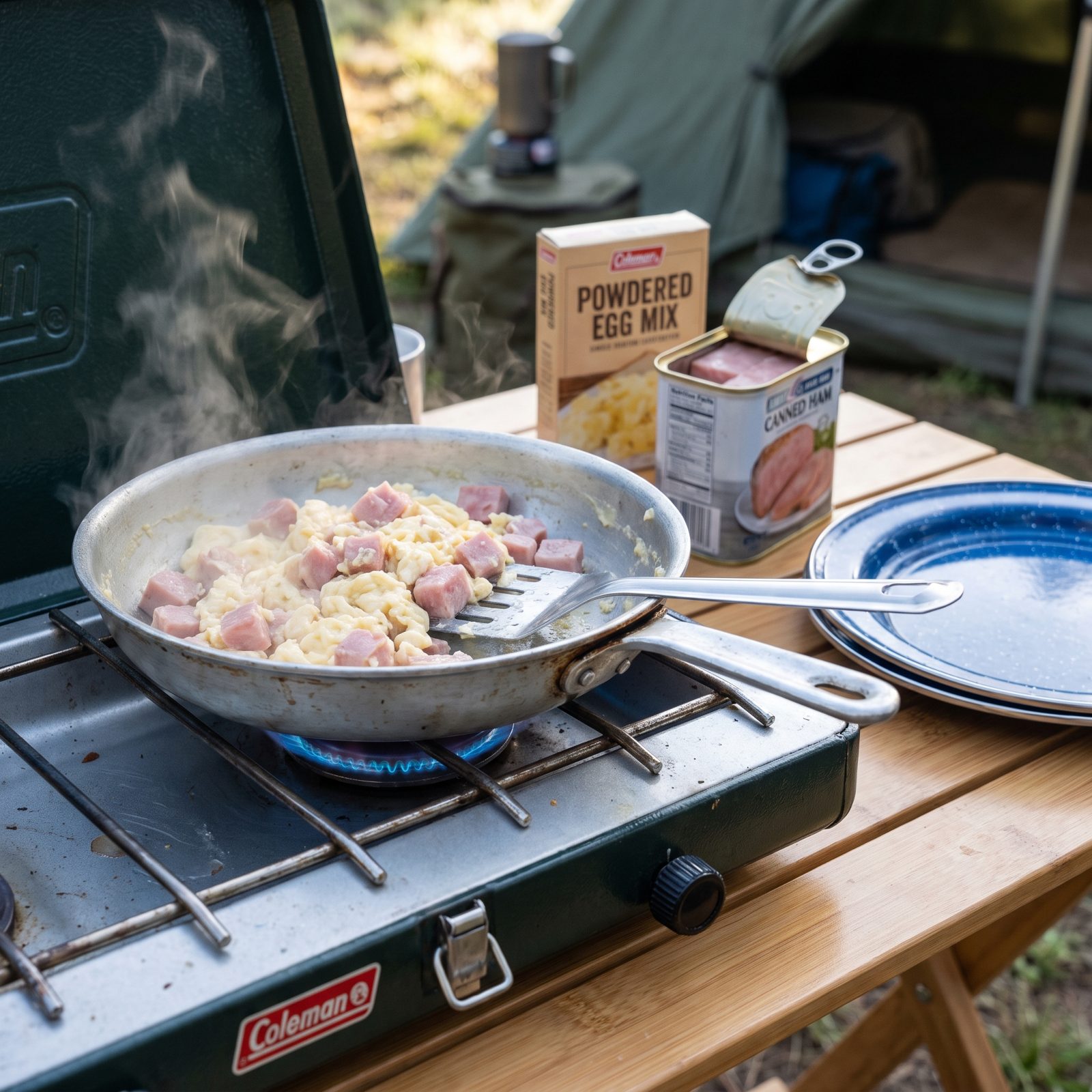 Powdered Eggs Scrambled With Diced Canned Ham