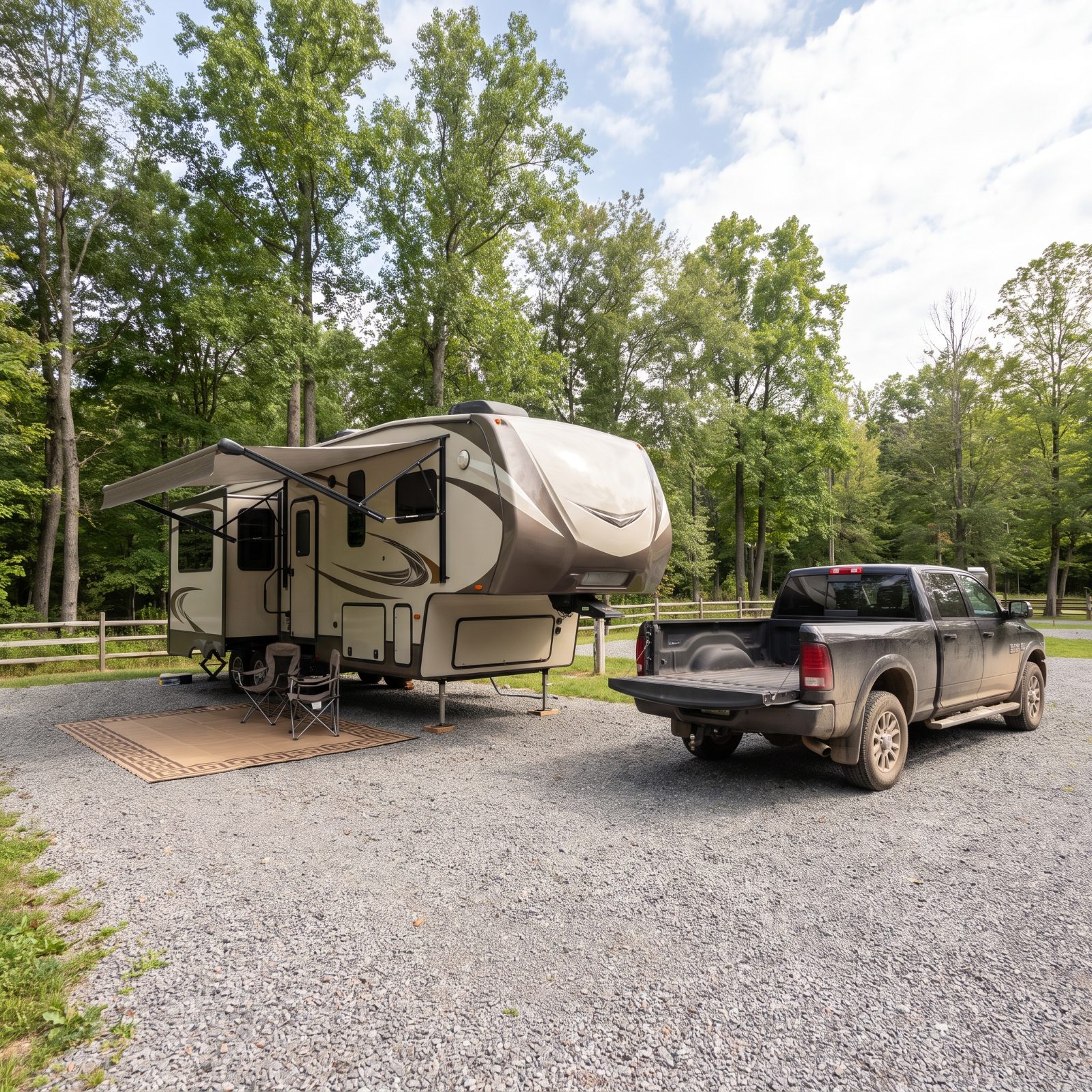 Campsite with a leveled fifth-wheel trailer on jacks and an unhitched pickup truck parked separately beside it.