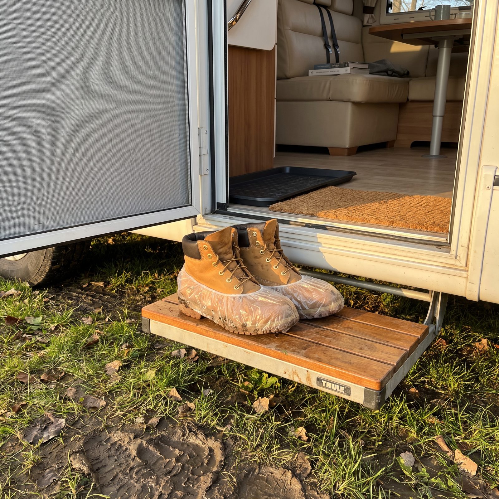 Pull Disposable Shower Caps Over Muddy Shoes Before Stepping Inside