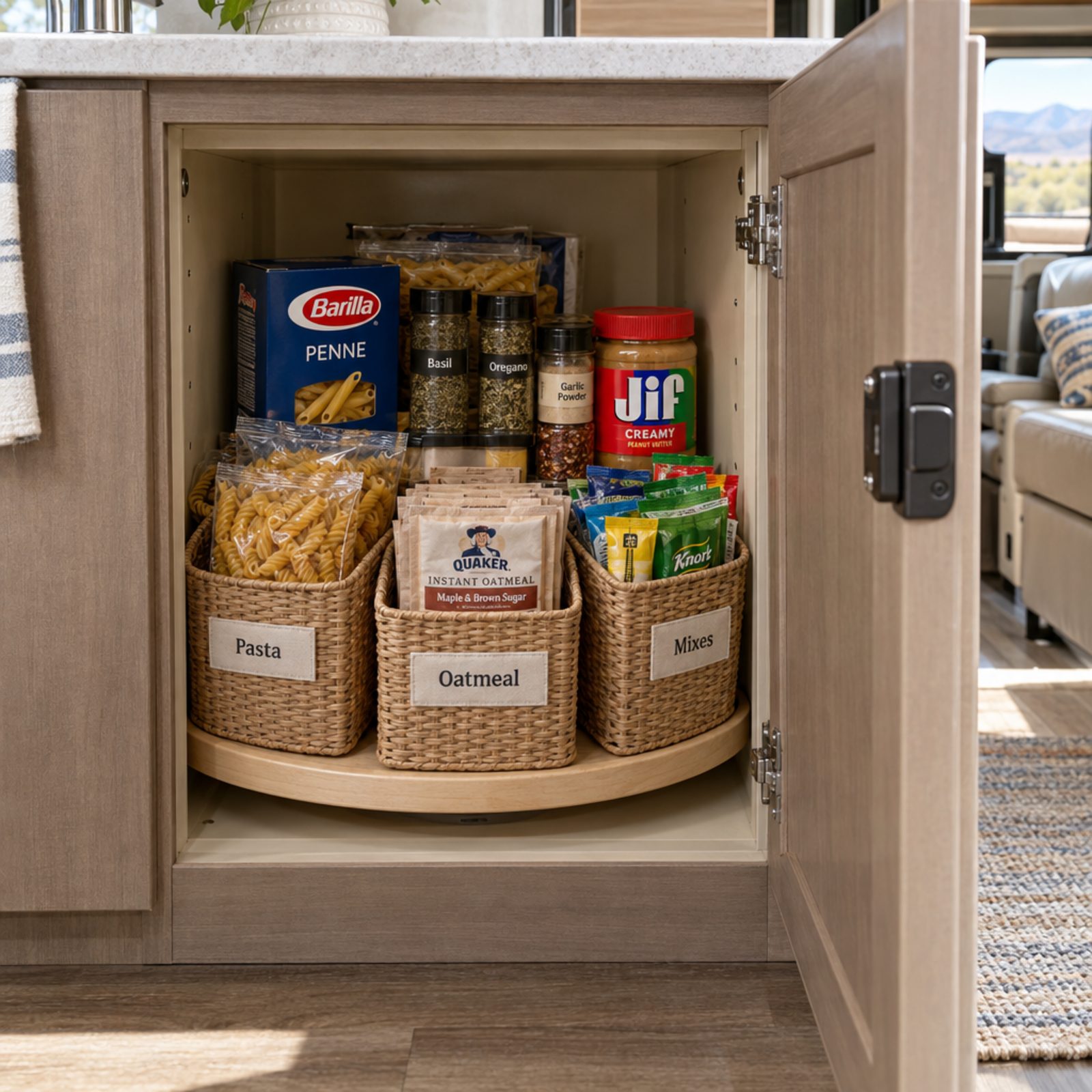 Put Removable Bins on a Lazy Susan So Pantry Items Cannot Topple