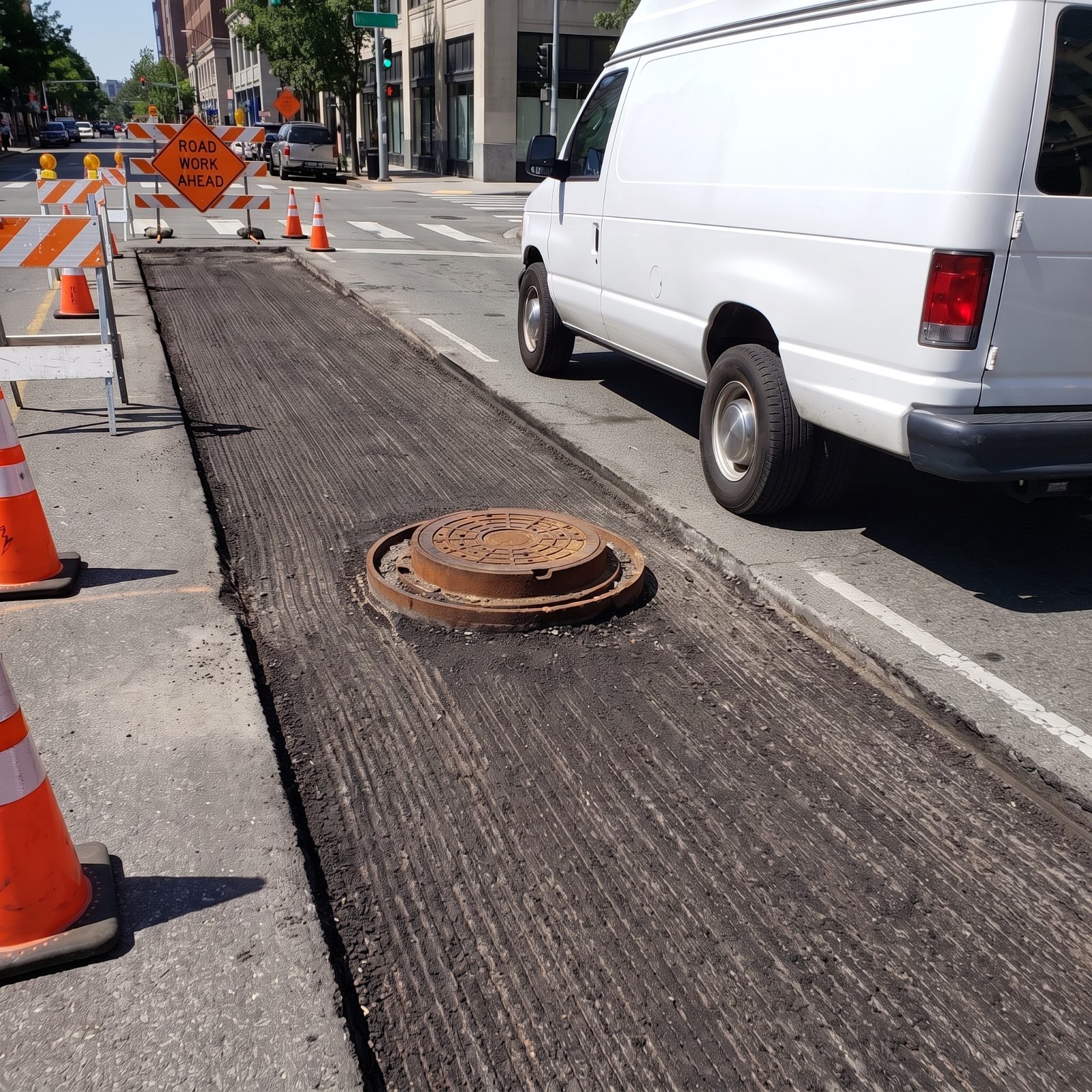 Raised Manholes in a Freshly Milled Lane
