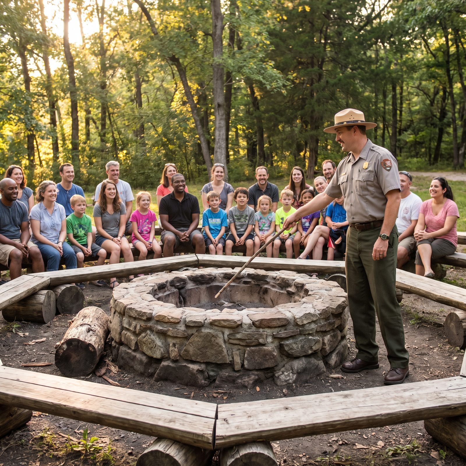 Ranger Talks Around a Stone Fire Ring