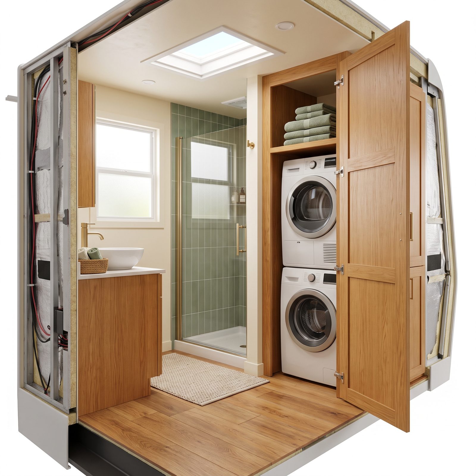 A Rear-Bath Layout With a Concealed Washer and Dryer
