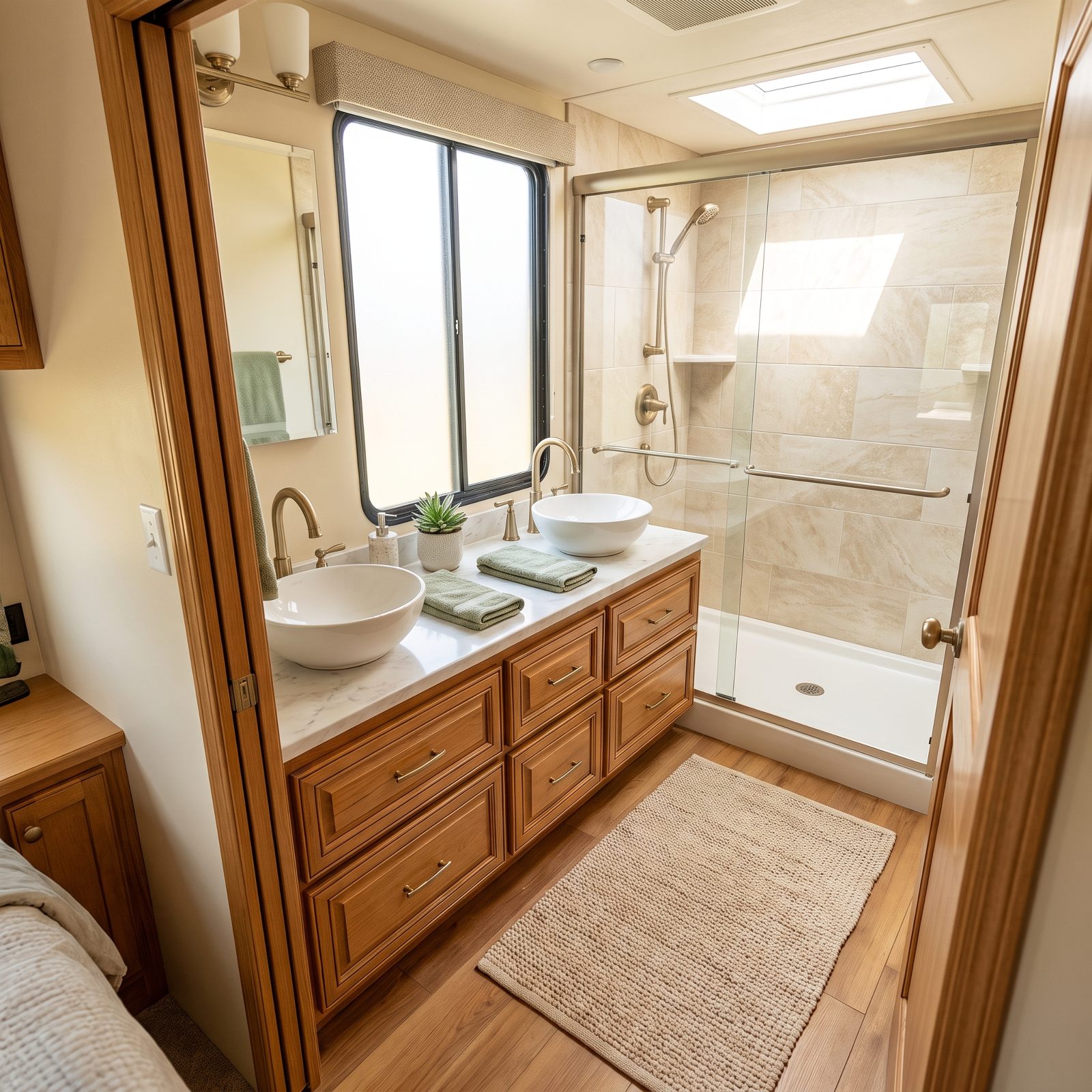 A Rear Ensuite With Dual Sinks and a Residential Shower