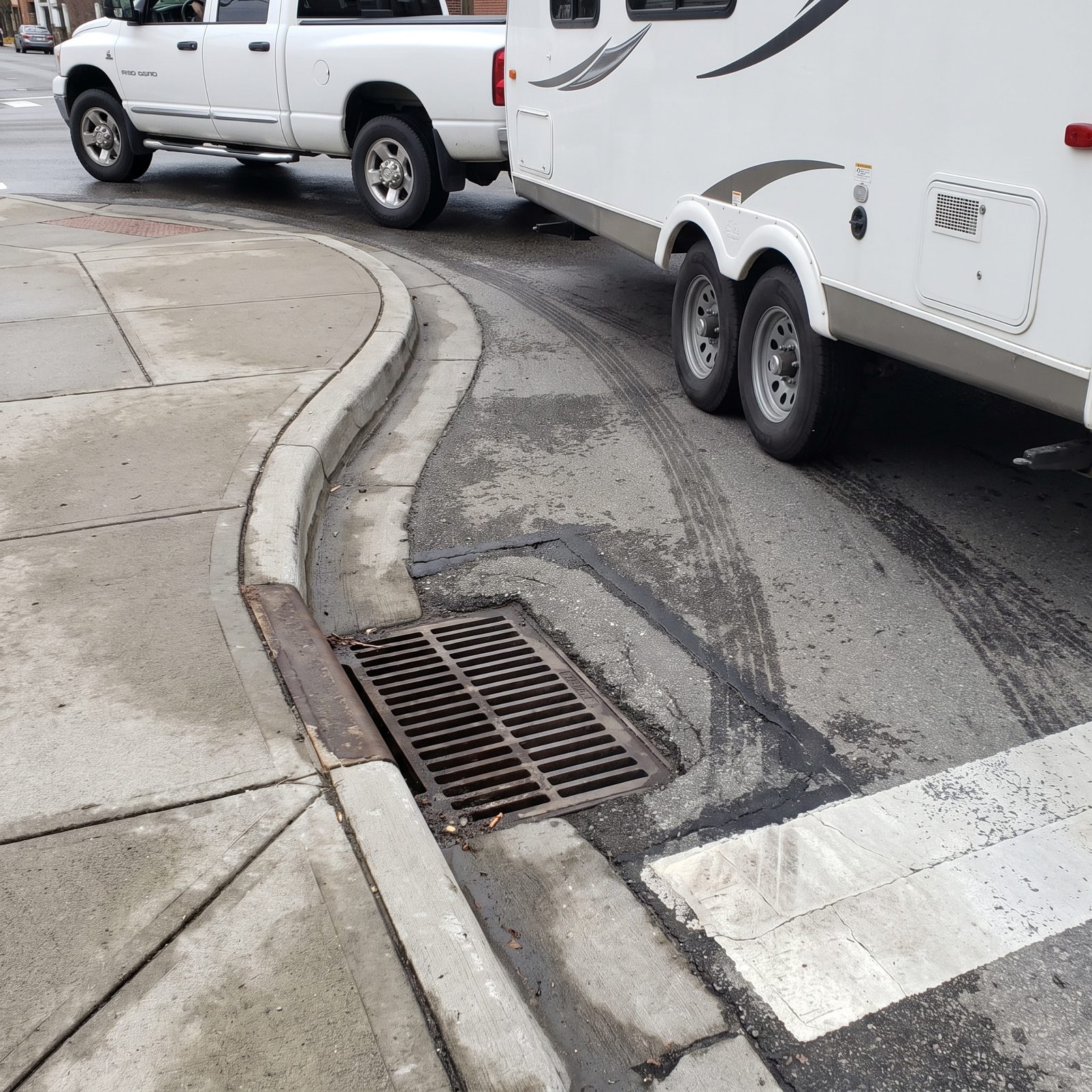 Recessed Storm Drains on Tight Corners That Swallow a Trailer Wheel