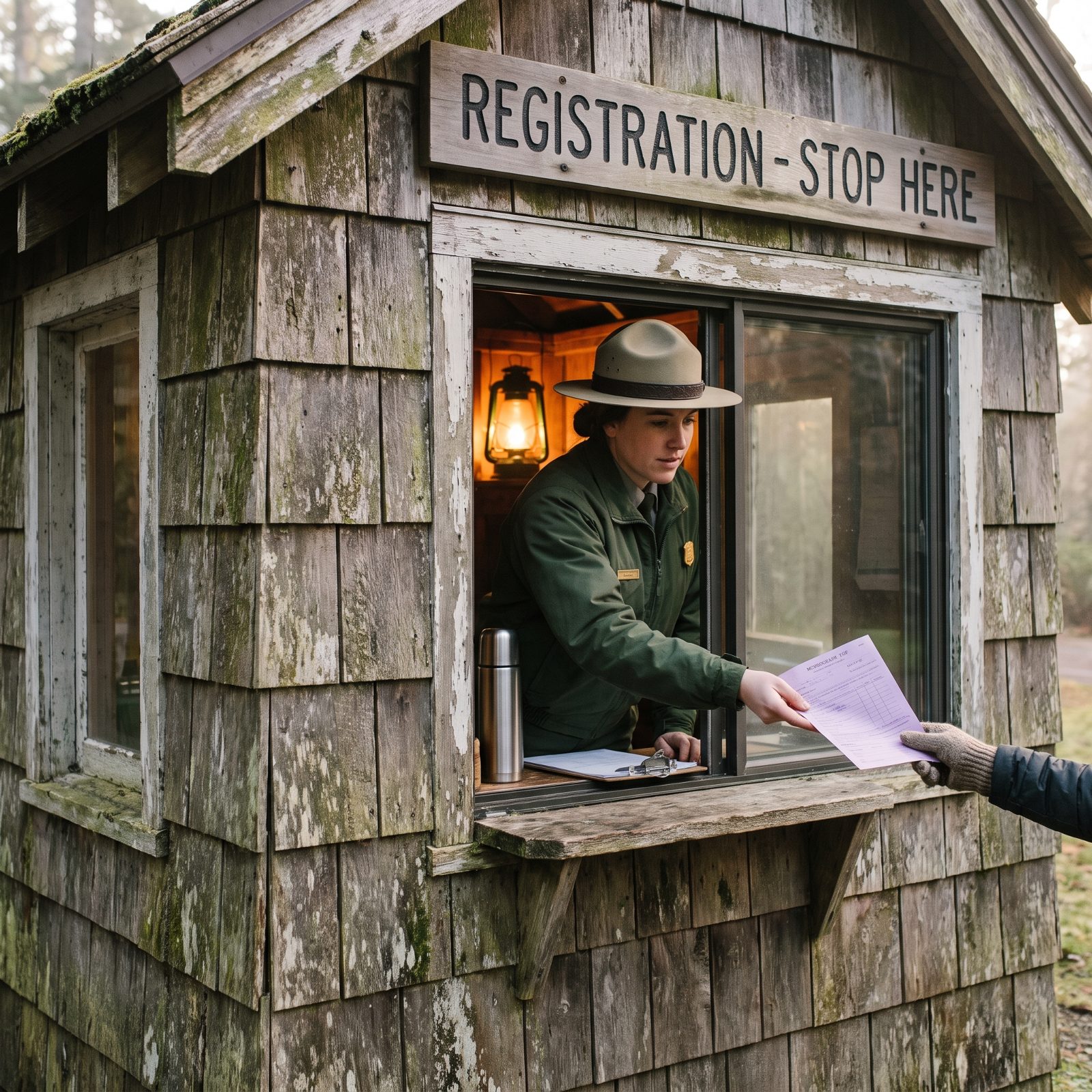 Registering With a Ranger in a Little Entrance Booth