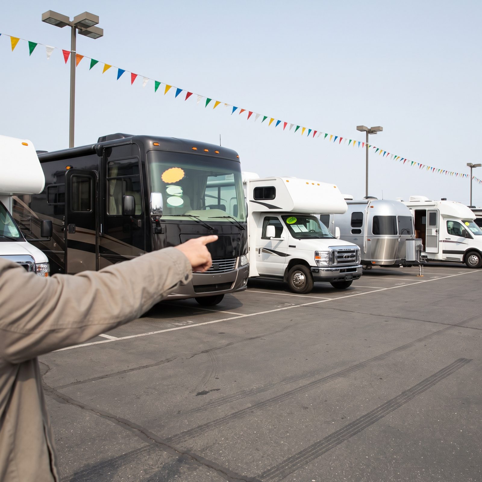 RV dealer lot with four different rig types parked in a row, entry doors open, lot flags strung overhead.