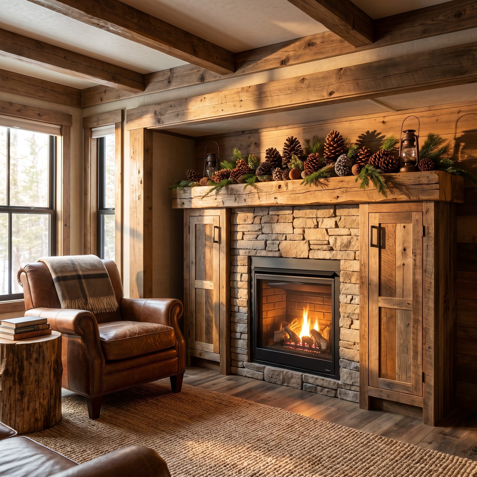A Rustic Fifth Wheel With a Fireplace Insert and a Pine-Cone Mantel