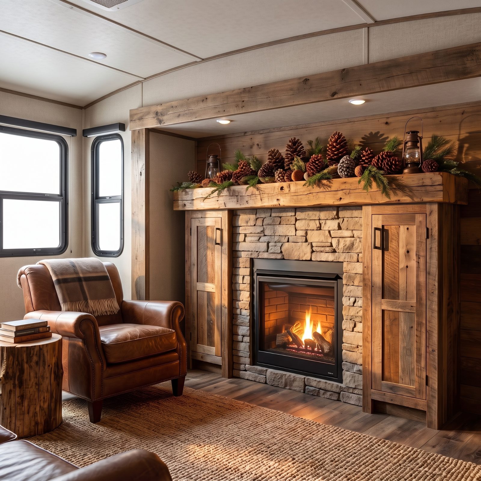 A Rustic Fifth Wheel With a Fireplace Insert and a Pine-Cone Mantel