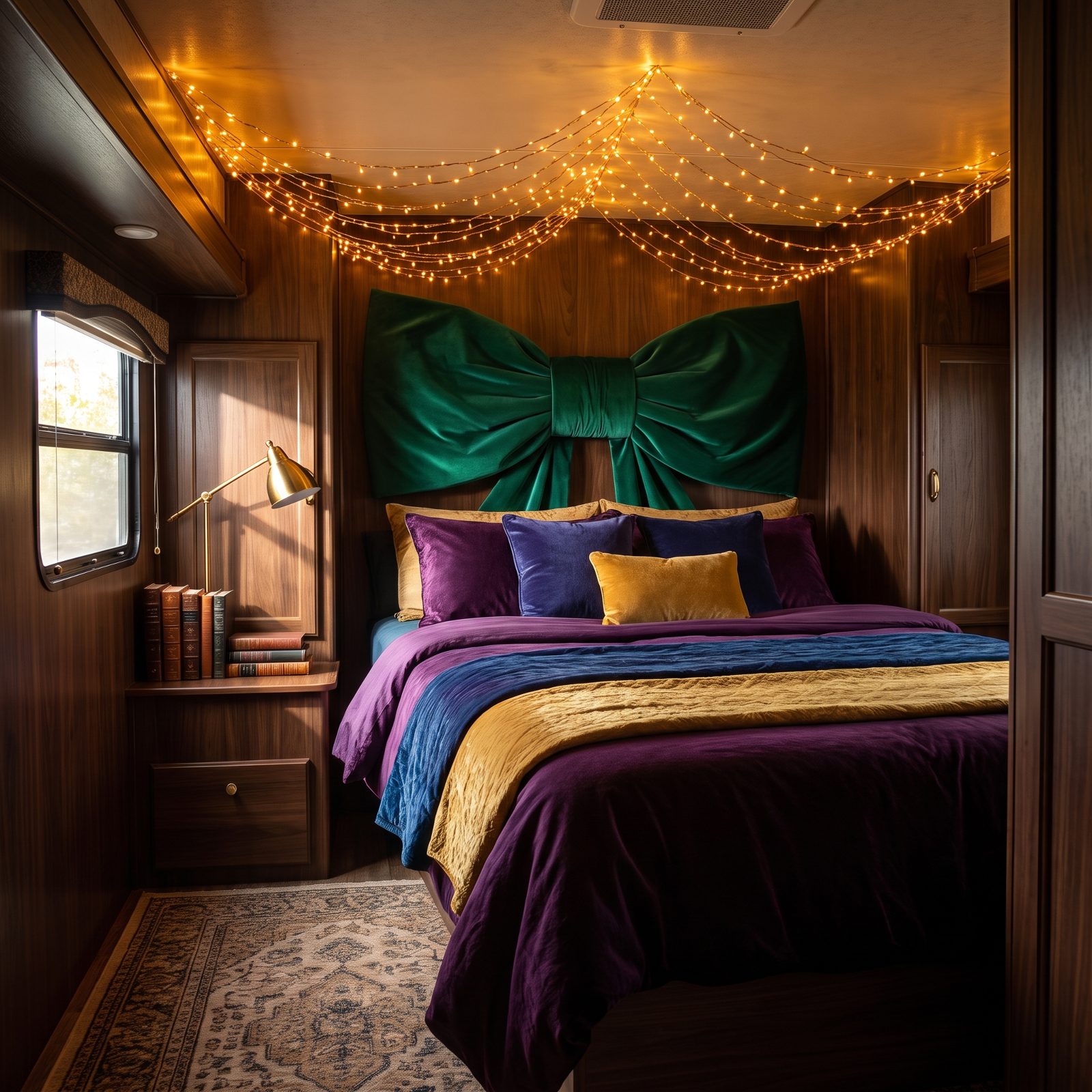 An RV Bedroom With a Velvet Bow Headboard and Twinkle-Light Canopy