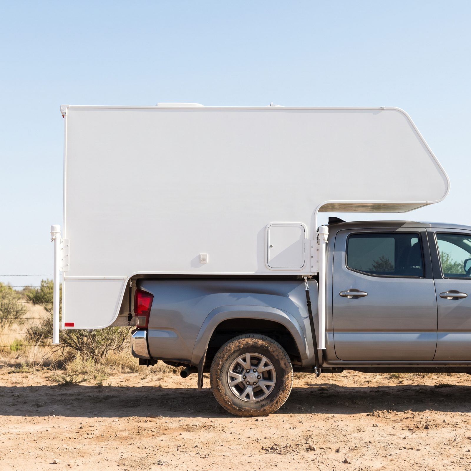Truck camper mounted in a pickup bed parked on a dirt forest road at the edge of a canyon overlook.
