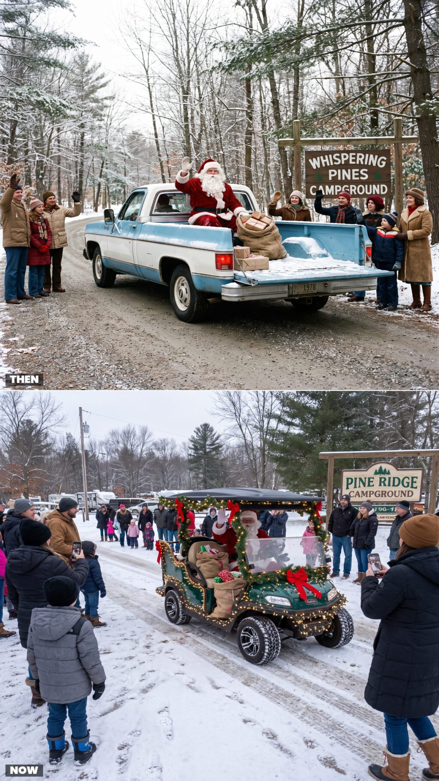 Santa's Campground Arrival: A Borrowed Pickup vs. a Decked-Out Golf Cart