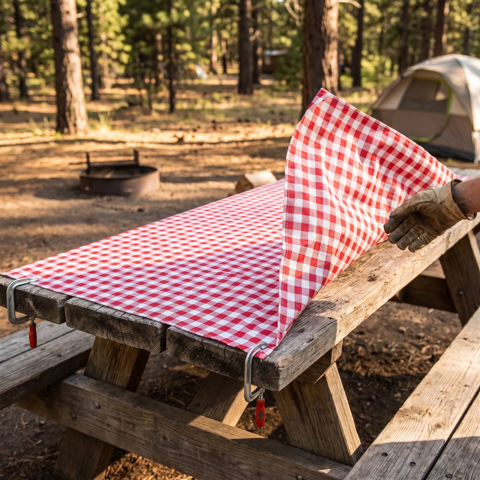 Saving a Campsite With a Tablecloth on the Picnic Table