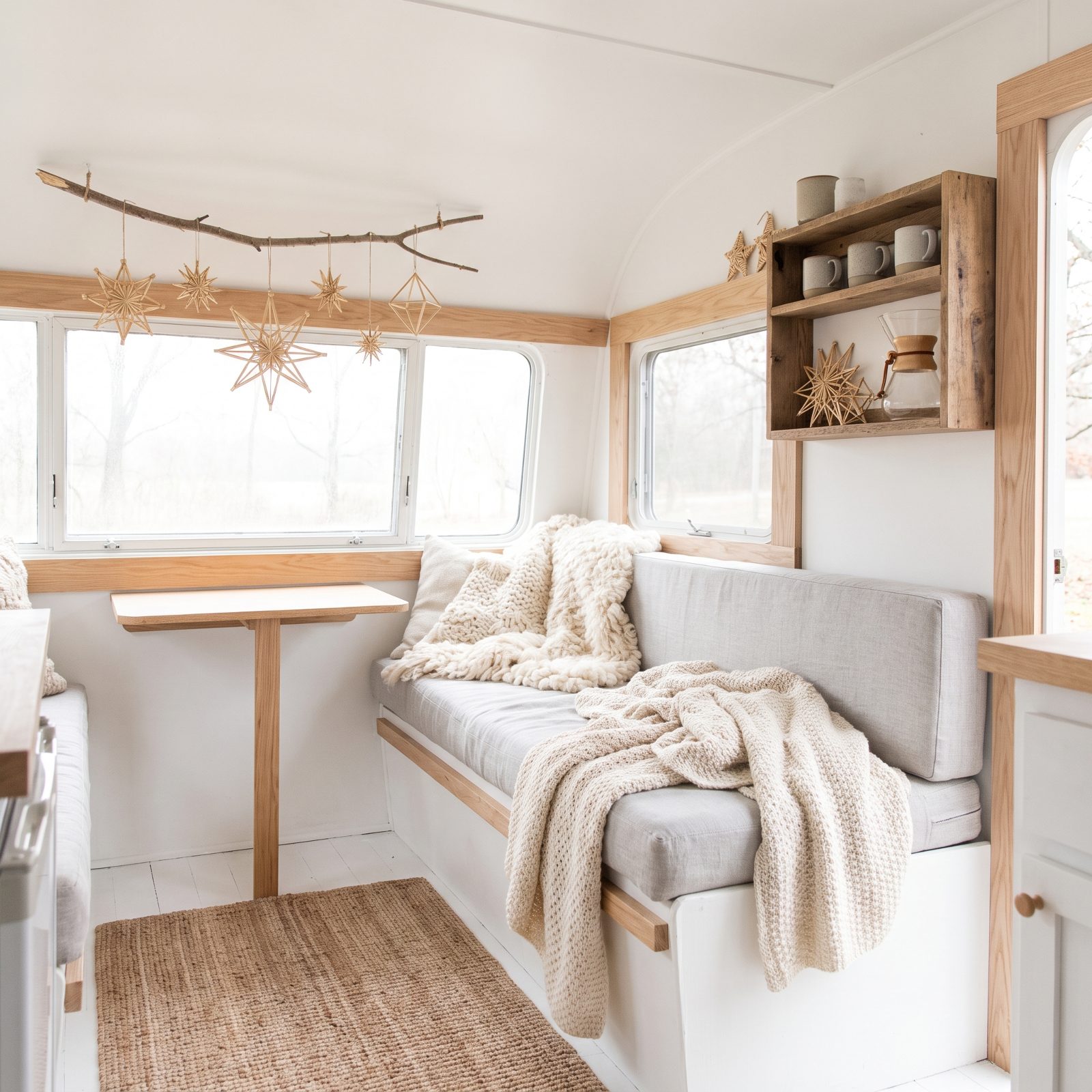 A Scandinavian-White Travel Trailer With Straw Ornaments and Wool Throws
