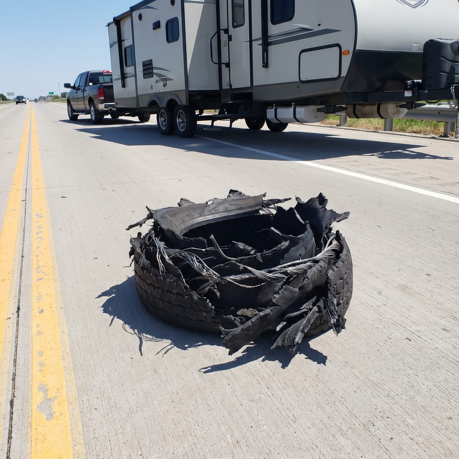 Shredded Truck-Tire Treads Lying in the Lane