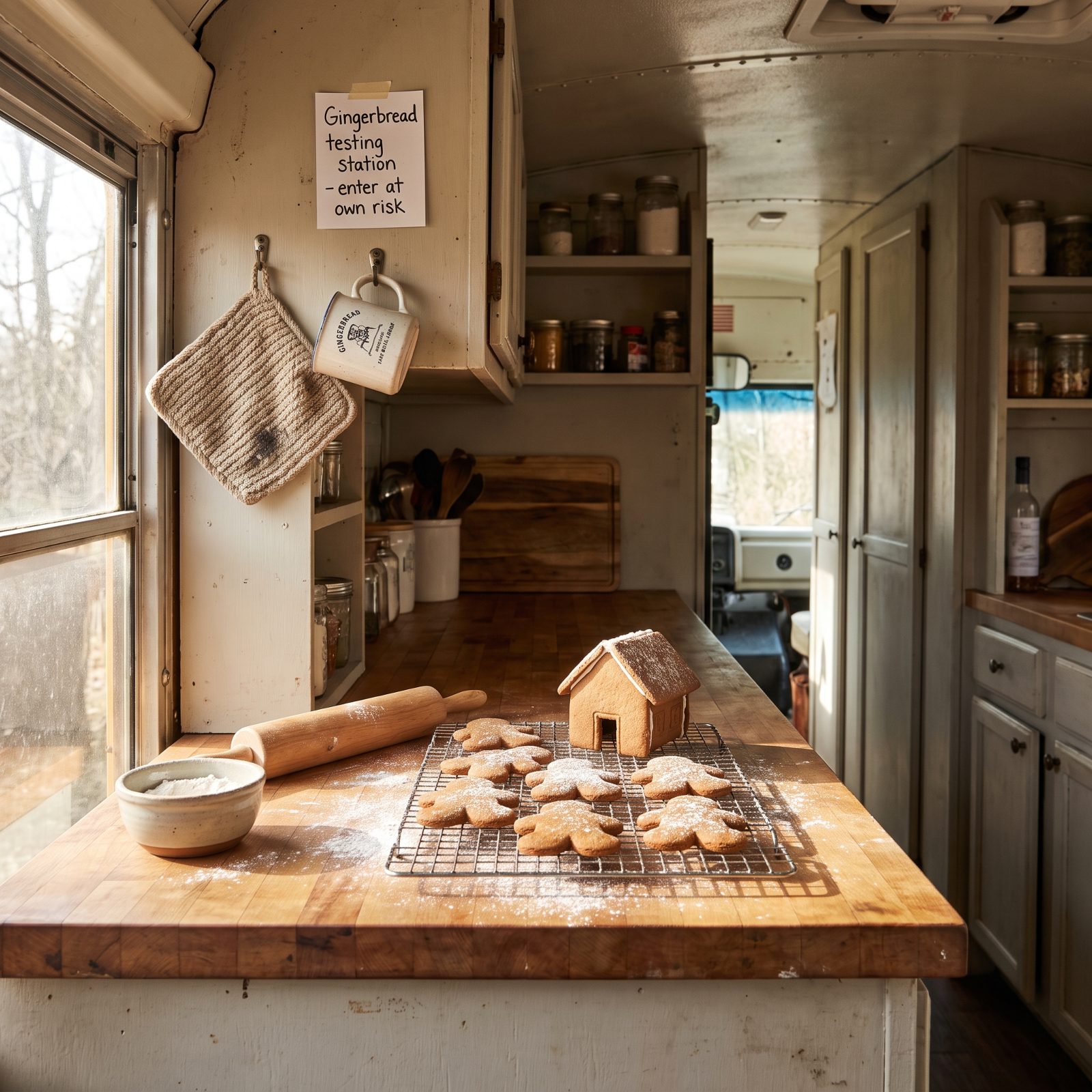 A Skoolie Kitchen With Gingerbread Cooling on the Butcher-Block Counter