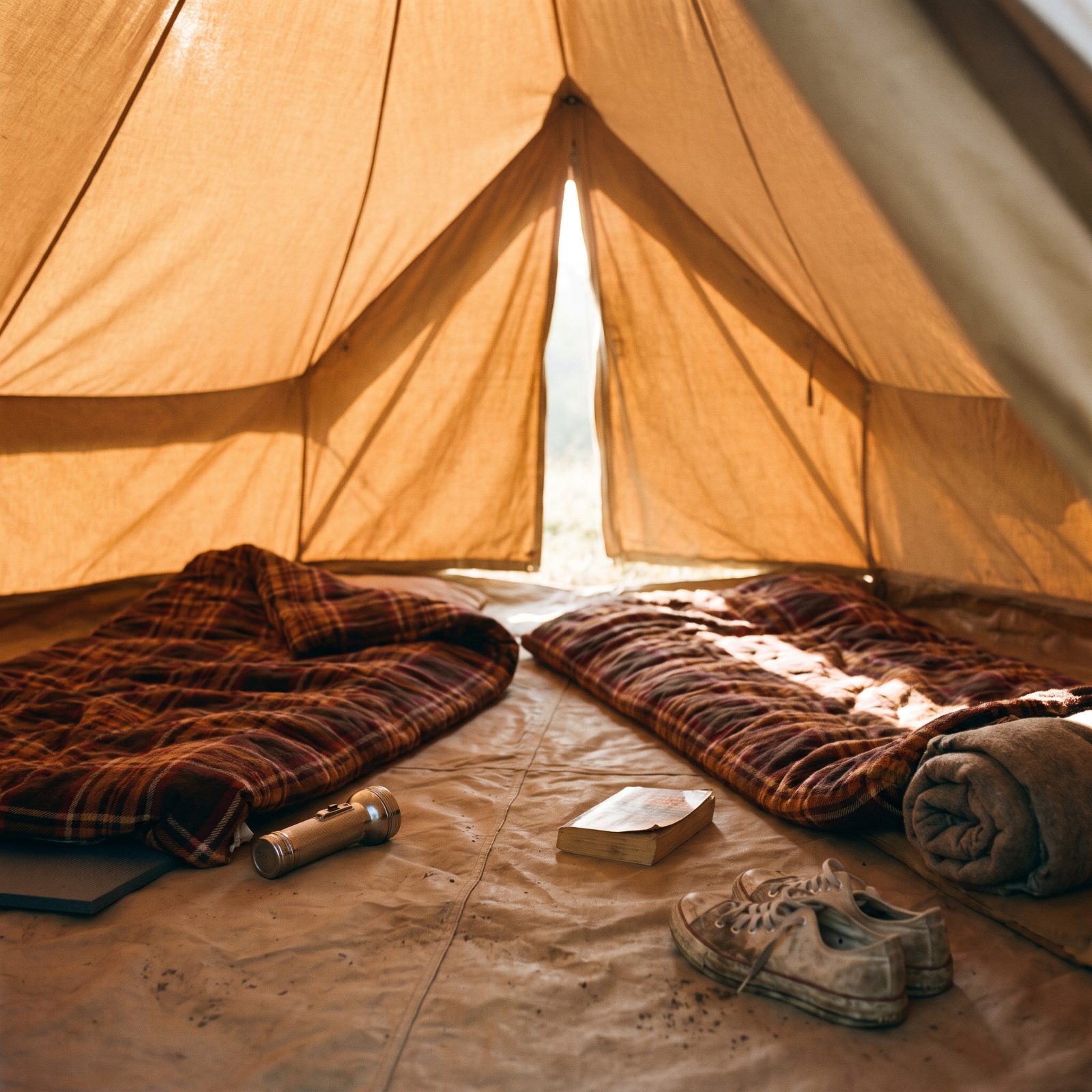 Sleeping Bags Rolled Out on the Bare Ground