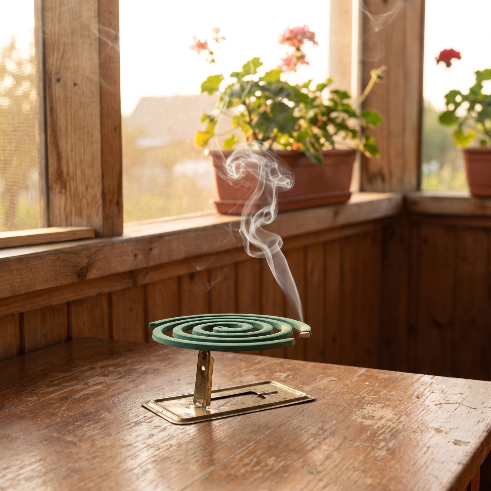 Smoldering Green Mosquito Coils in Metal Holders