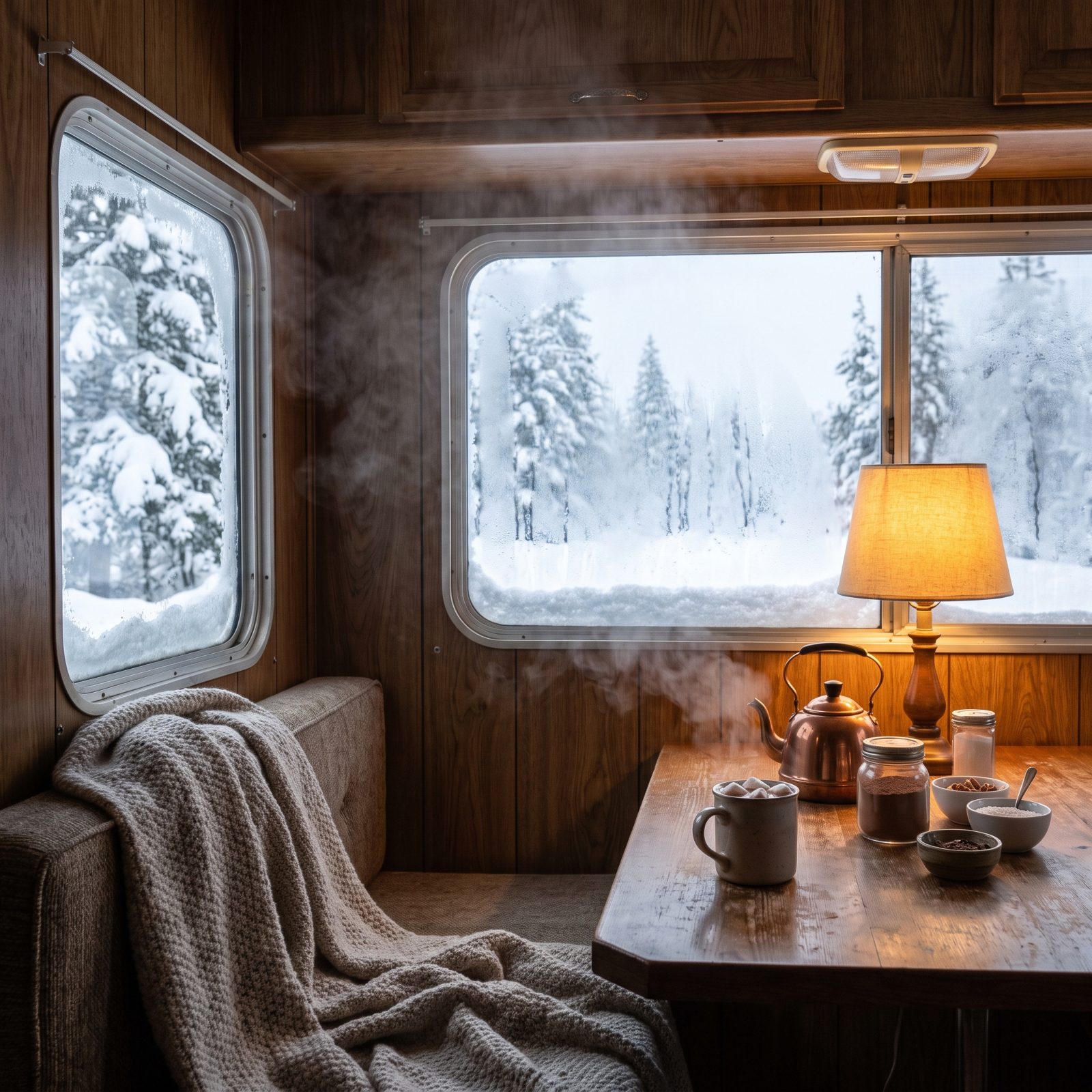 A Snowed-In Mountain RV With a Hot-Cocoa Bar by the Window