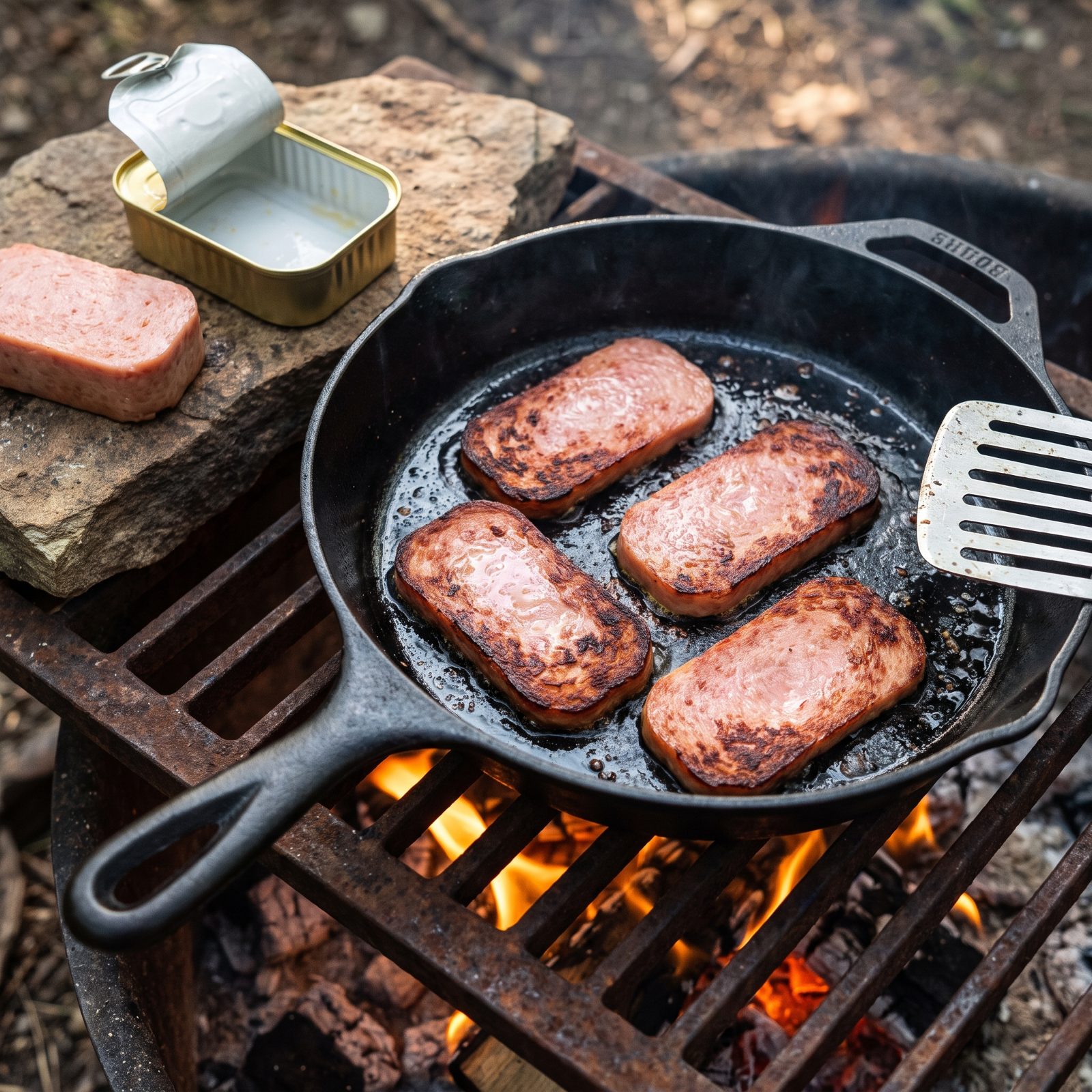 Spam Slices Fried Crispy in the Skillet