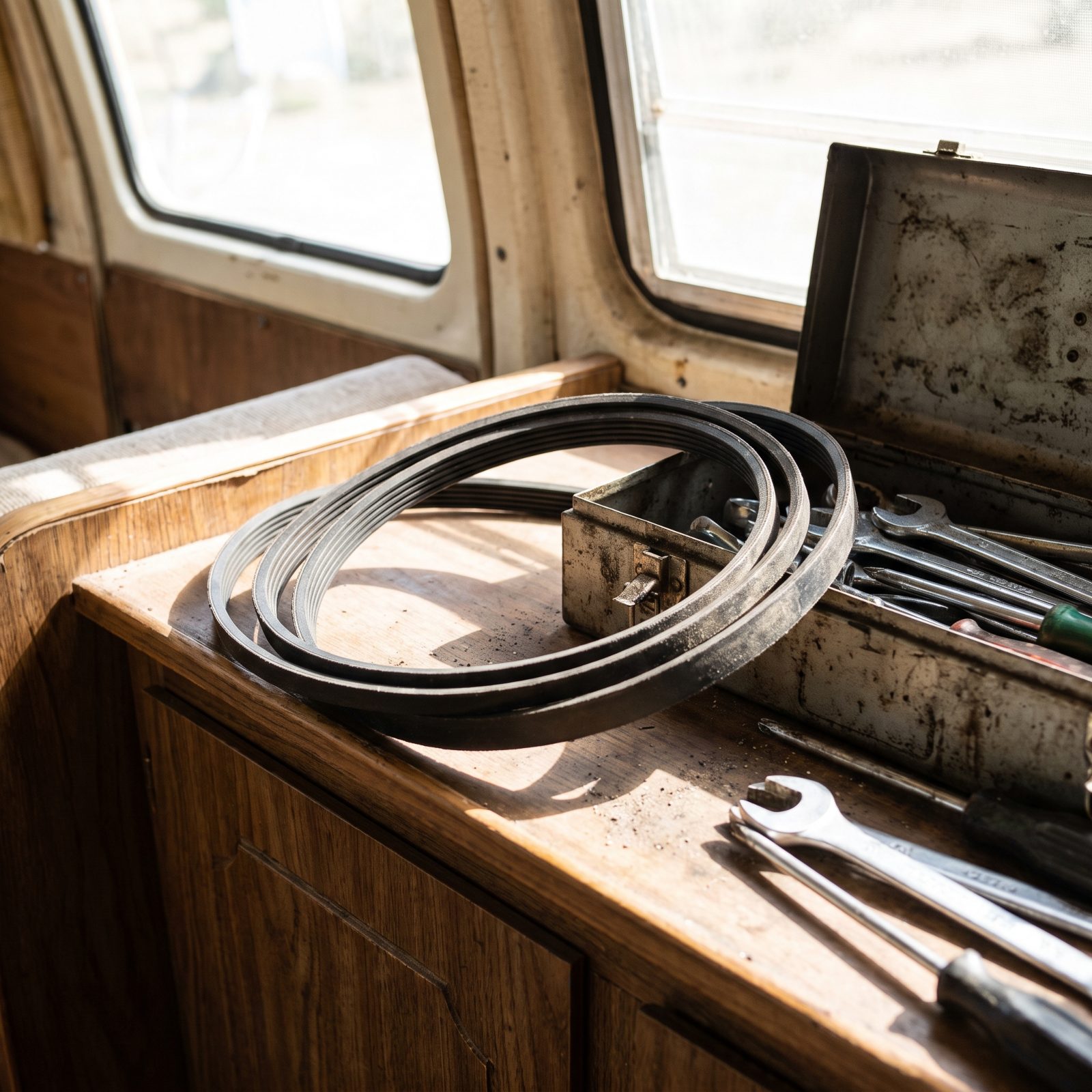 A Spare Fan Belt Stored beside the Camper's Tool Kit
