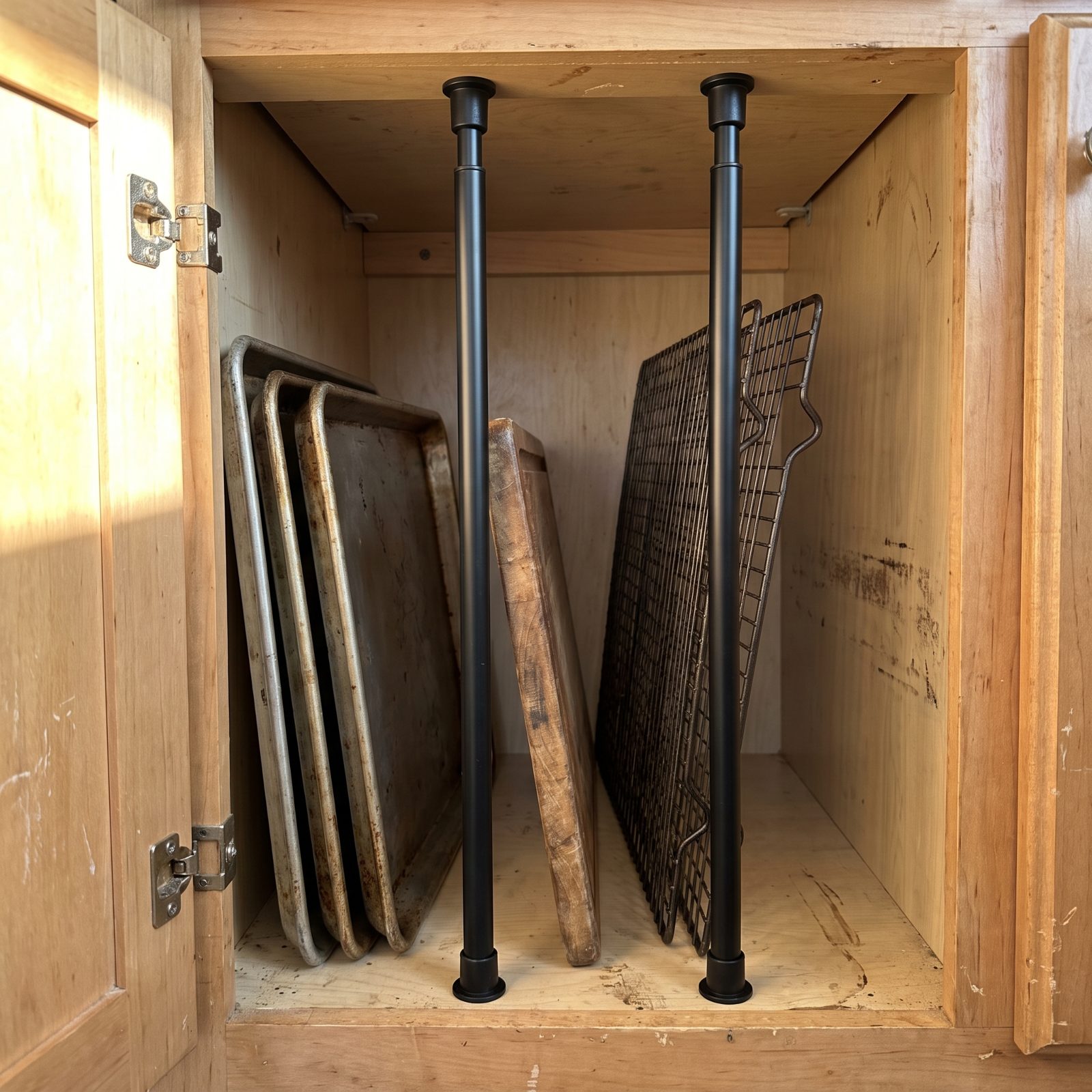 Spring-Tension Rods That Stand Baking Sheets Upright in a Deep Cabinet