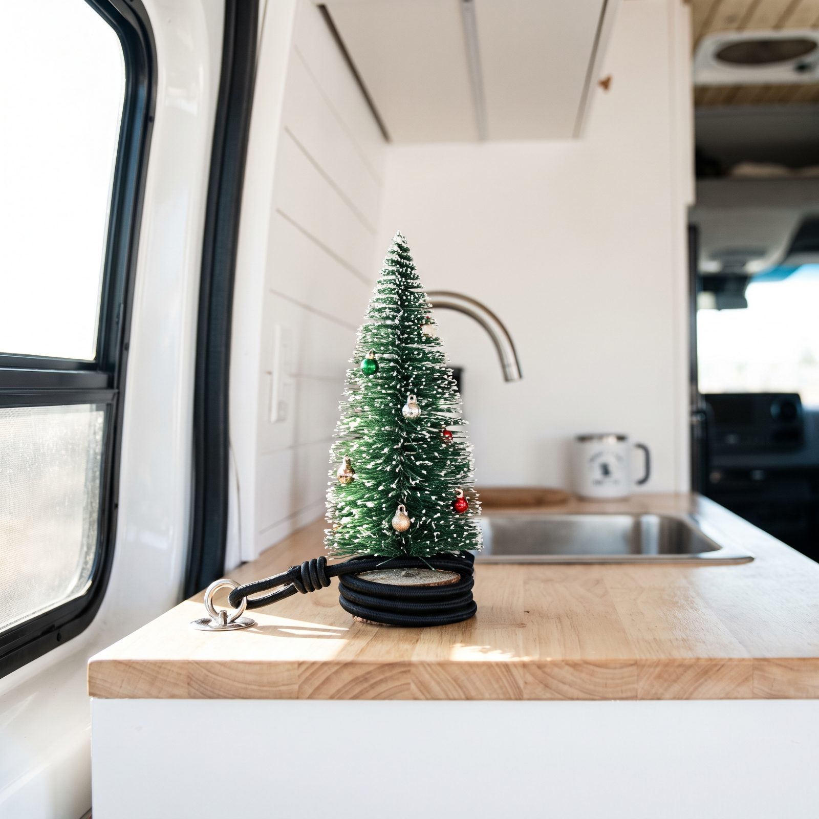 A Sprinter Van With a Tiny Tabletop Tree Strapped Safely to the Counter