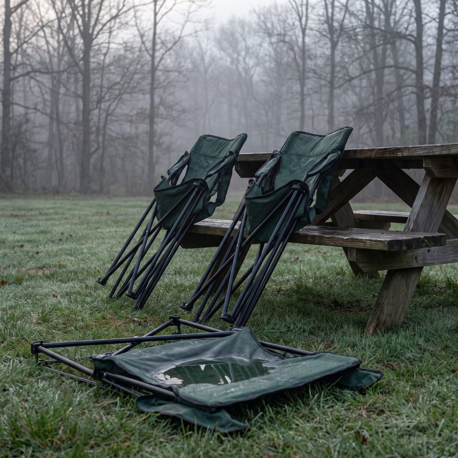 Stand Camp Chairs on Edge Before Overnight Dew or Rain