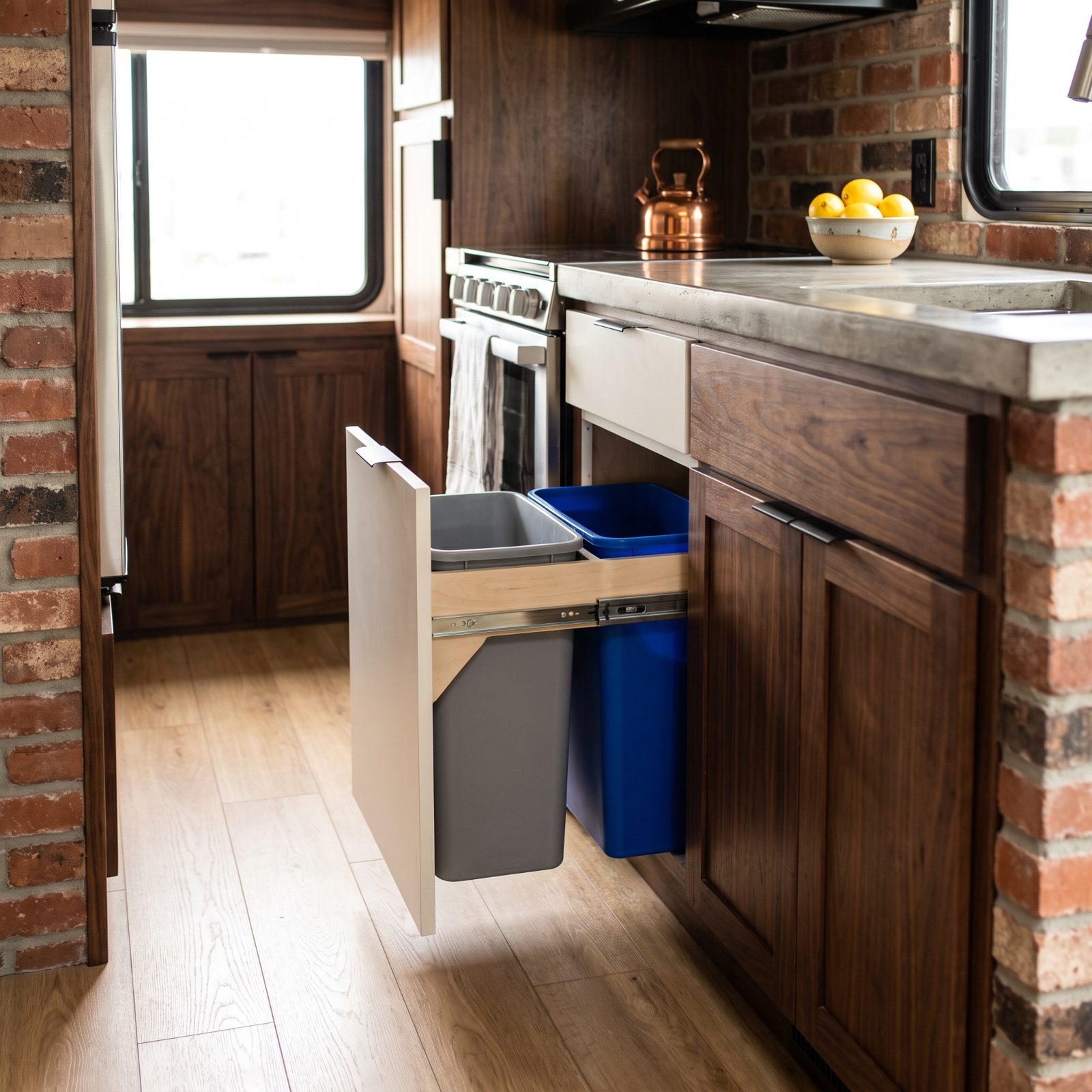 Store the Trash Can in a Sliding Cabinet Drawer