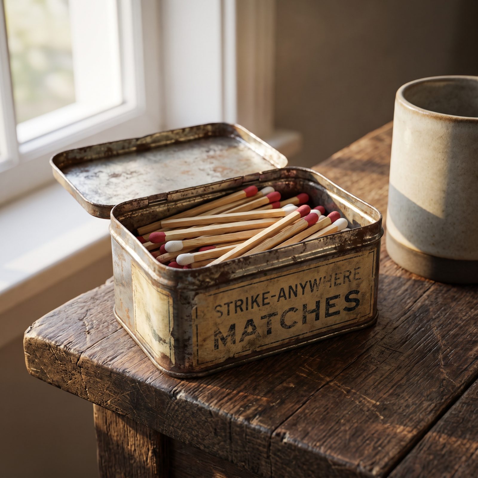 Strike-Anywhere Matches Sealed Inside a Metal Tin