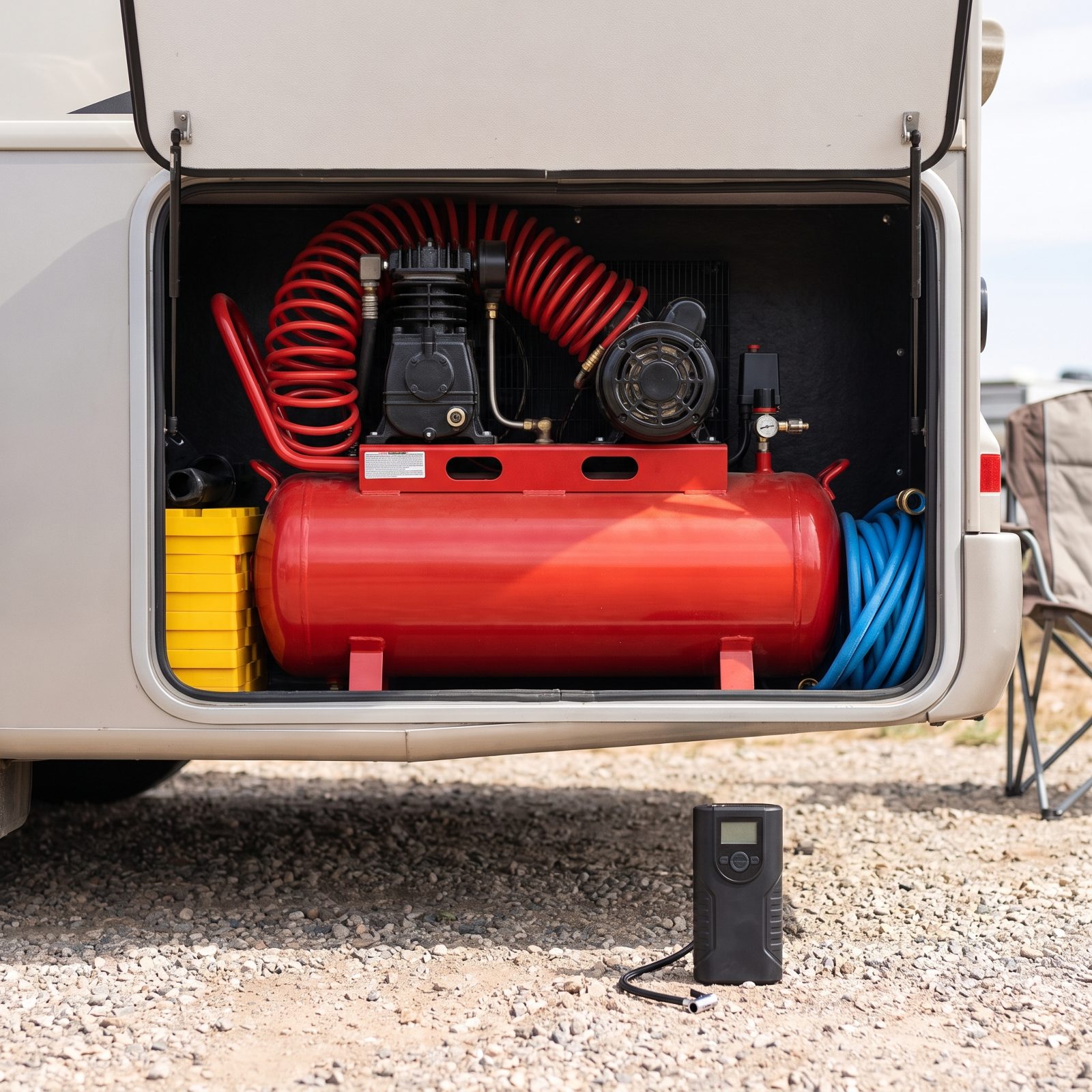 The Tank-Style Air Compressor Hogging a Compartment
