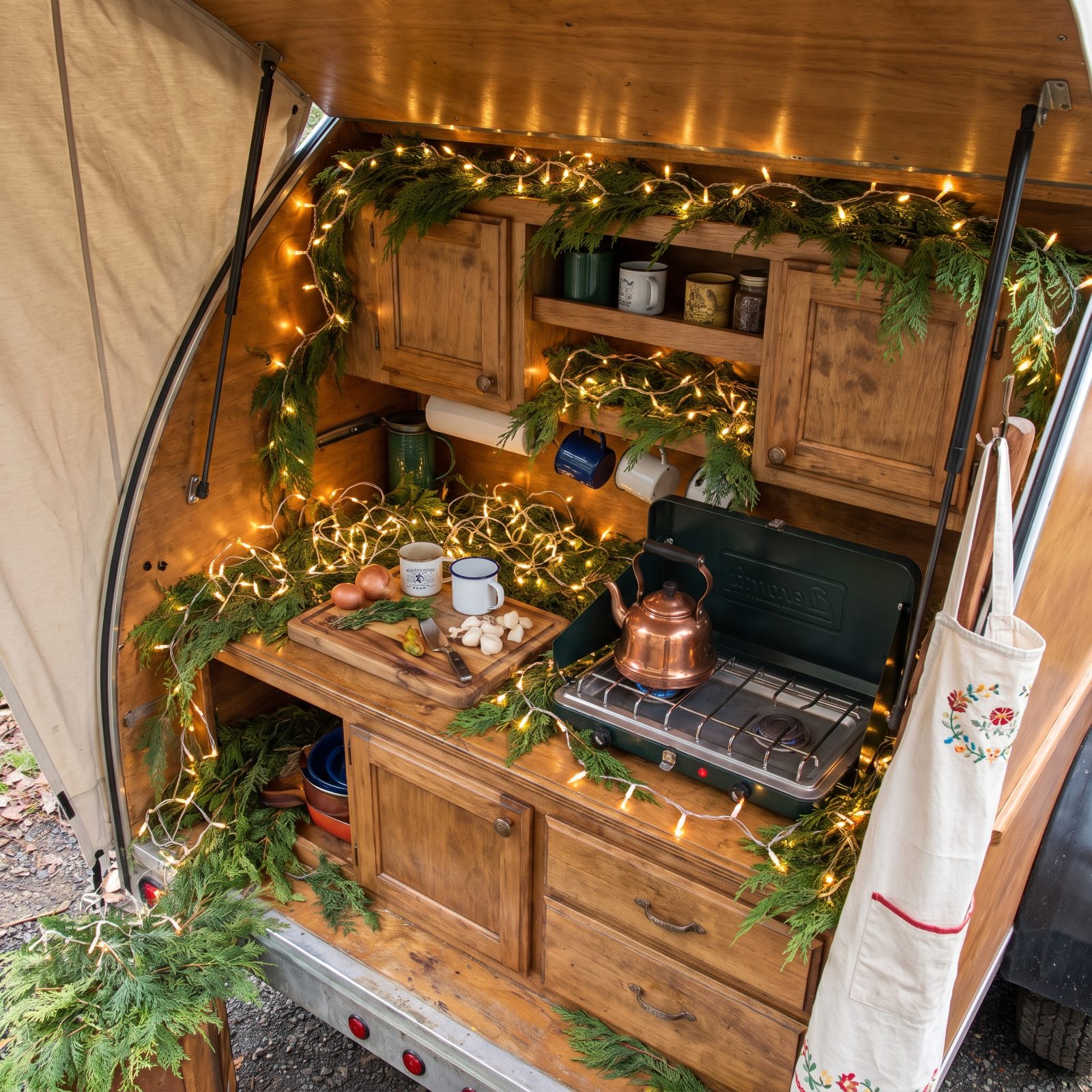 A Teardrop Trailer Galley Wrapped in Fairy Lights and Fresh Cedar