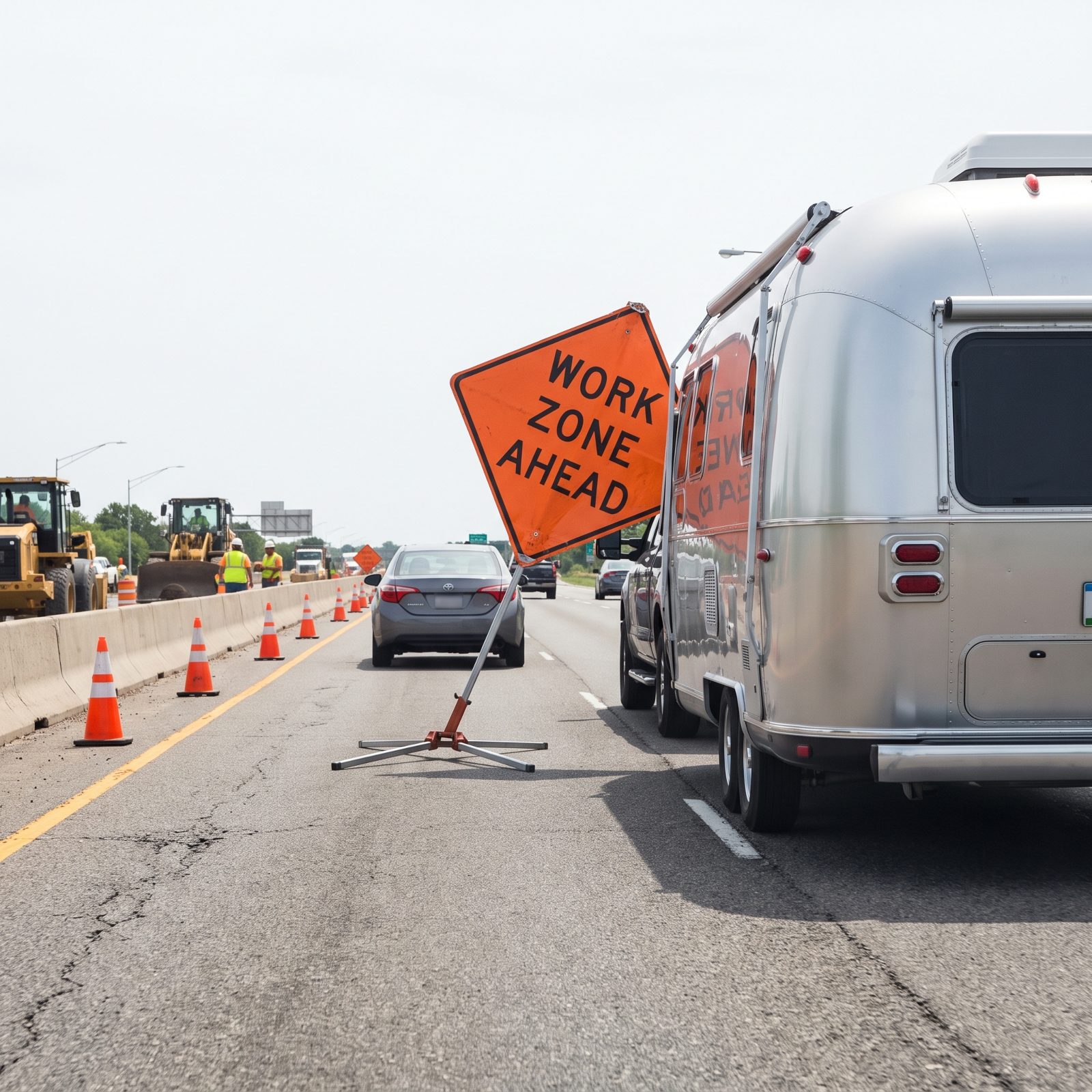Temporary Work-Zone Signs Leaning Into Your Lane