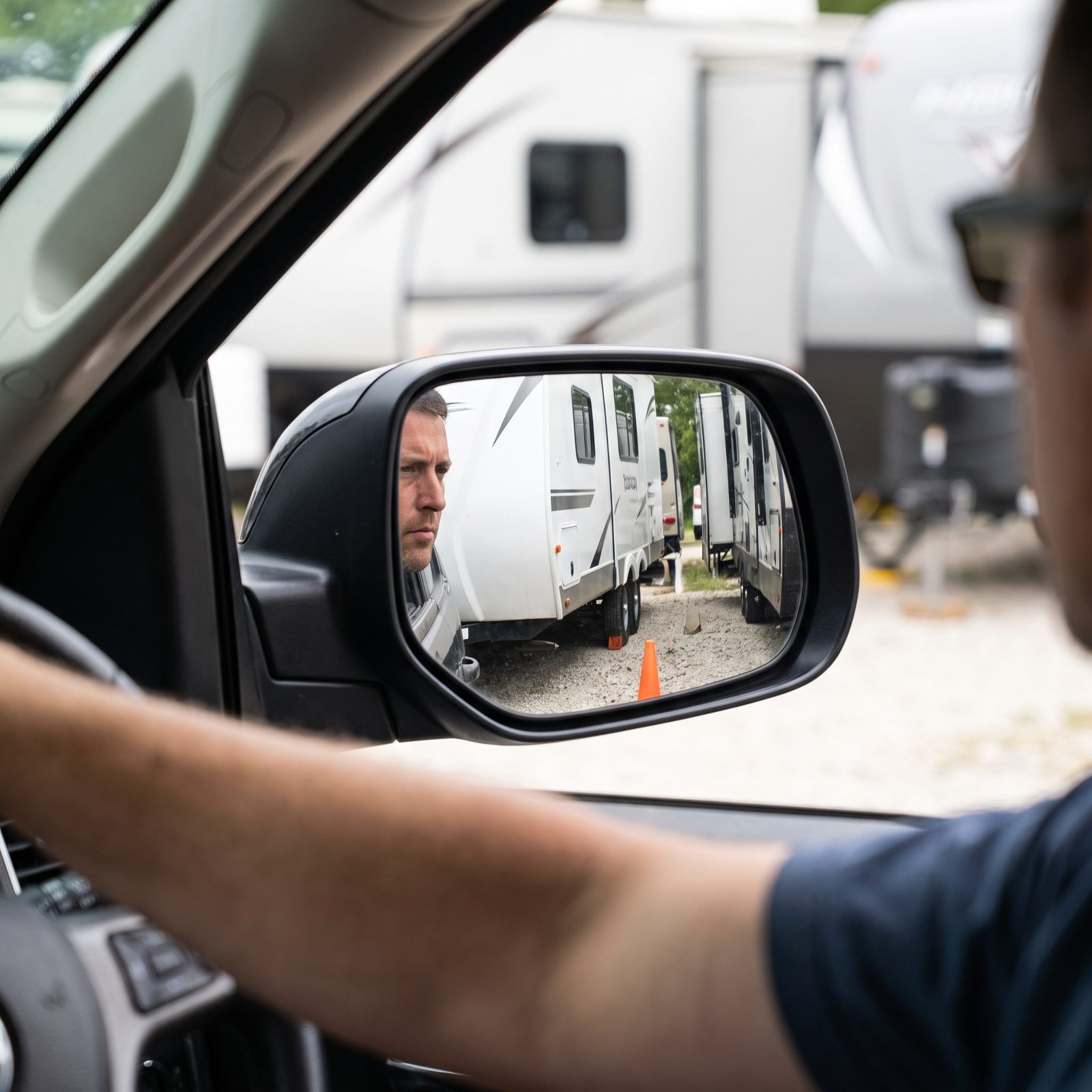 View from a pickup driver's seat backing a travel trailer into a gravel campsite, side mirror showing the trailer and two