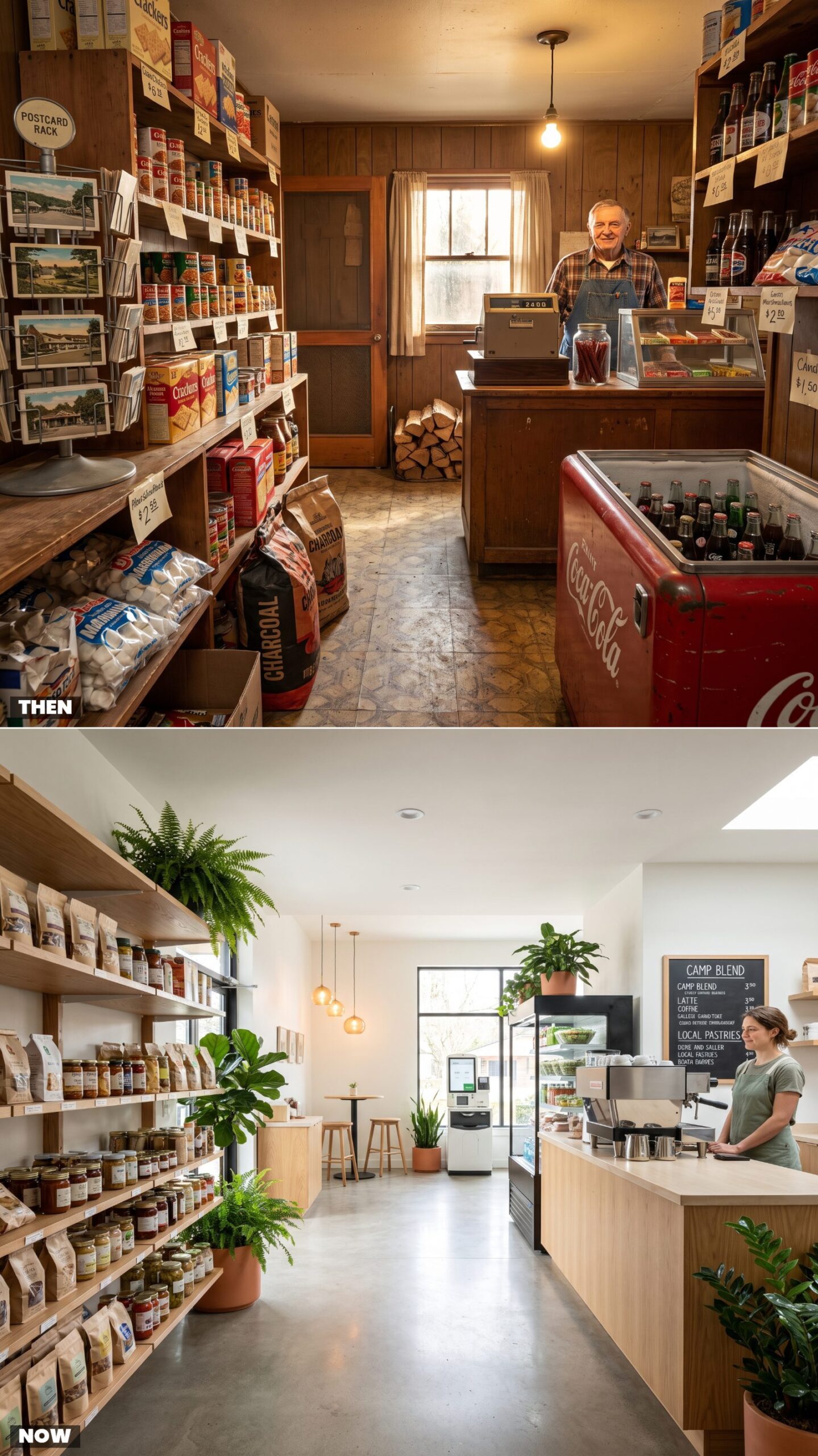 The Tiny Camp Store vs. Today's Full-Service Market and Coffee Bar