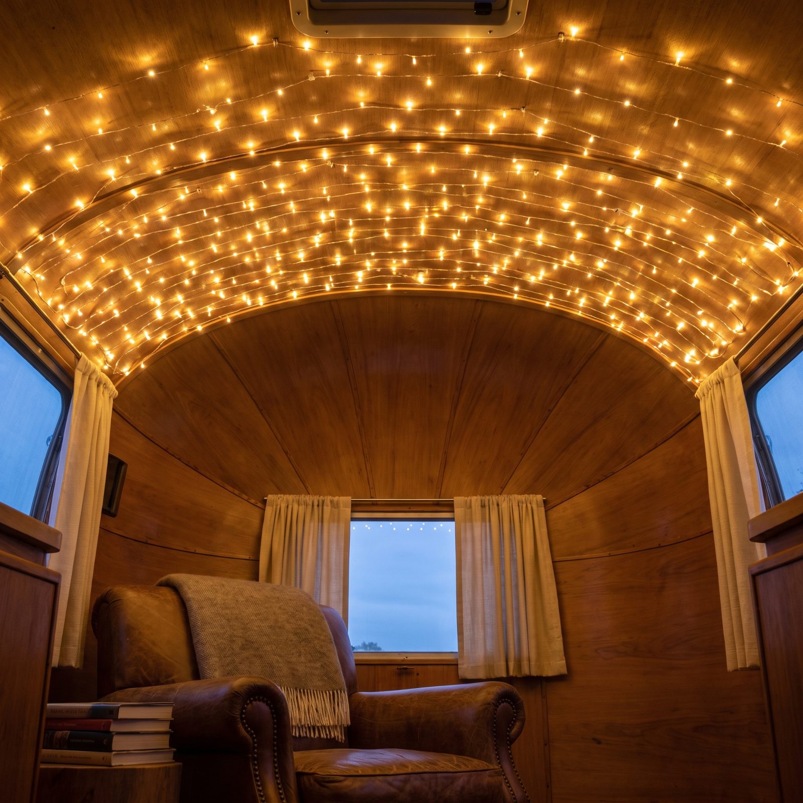 A Tiny Vintage Trailer Where the Whole Ceiling Is a Canopy of Lights
